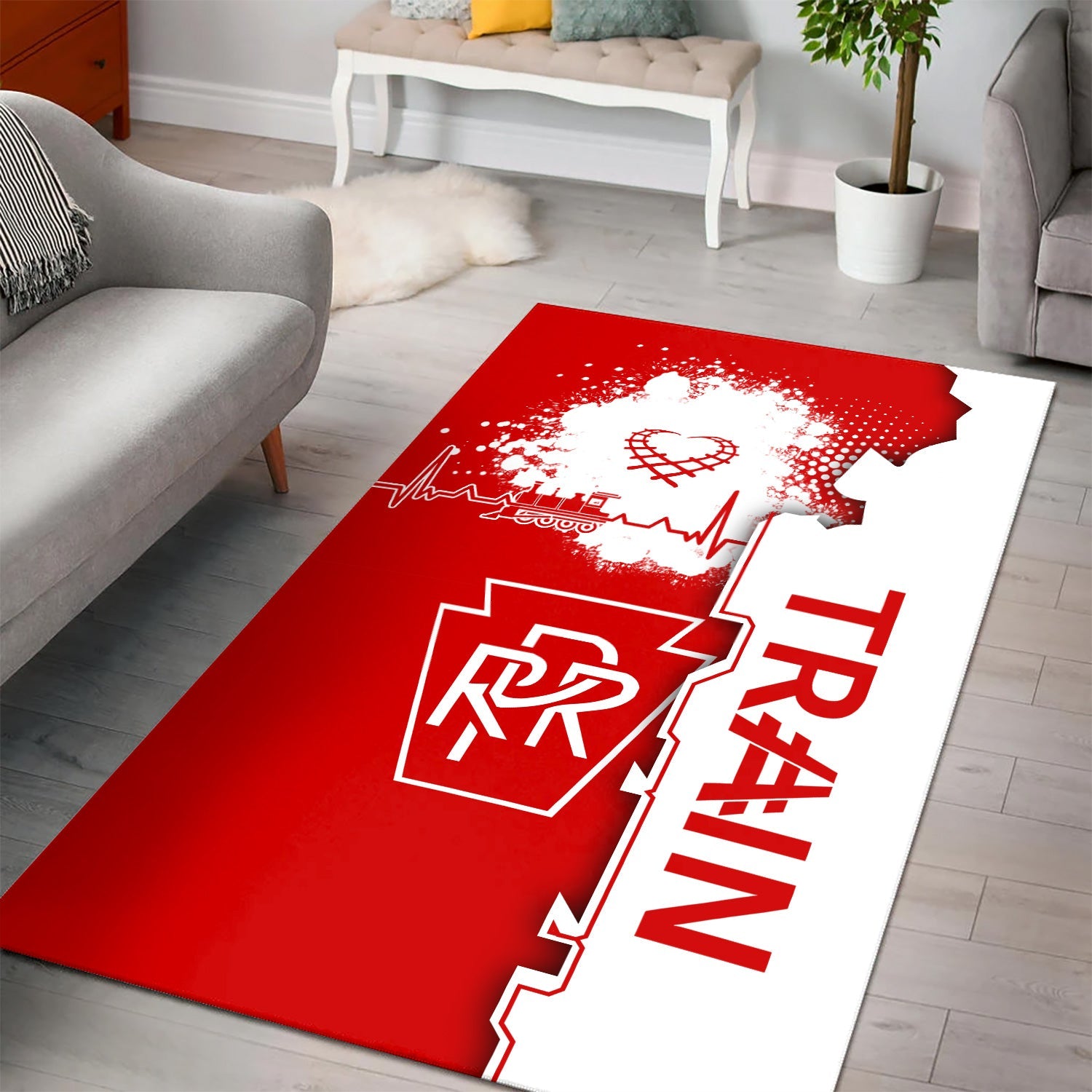 Railspirit Pennsylvania Railroad Area Rug Engine Heartbeat and Track Love Style Rug Gift Idea For Train Lovers