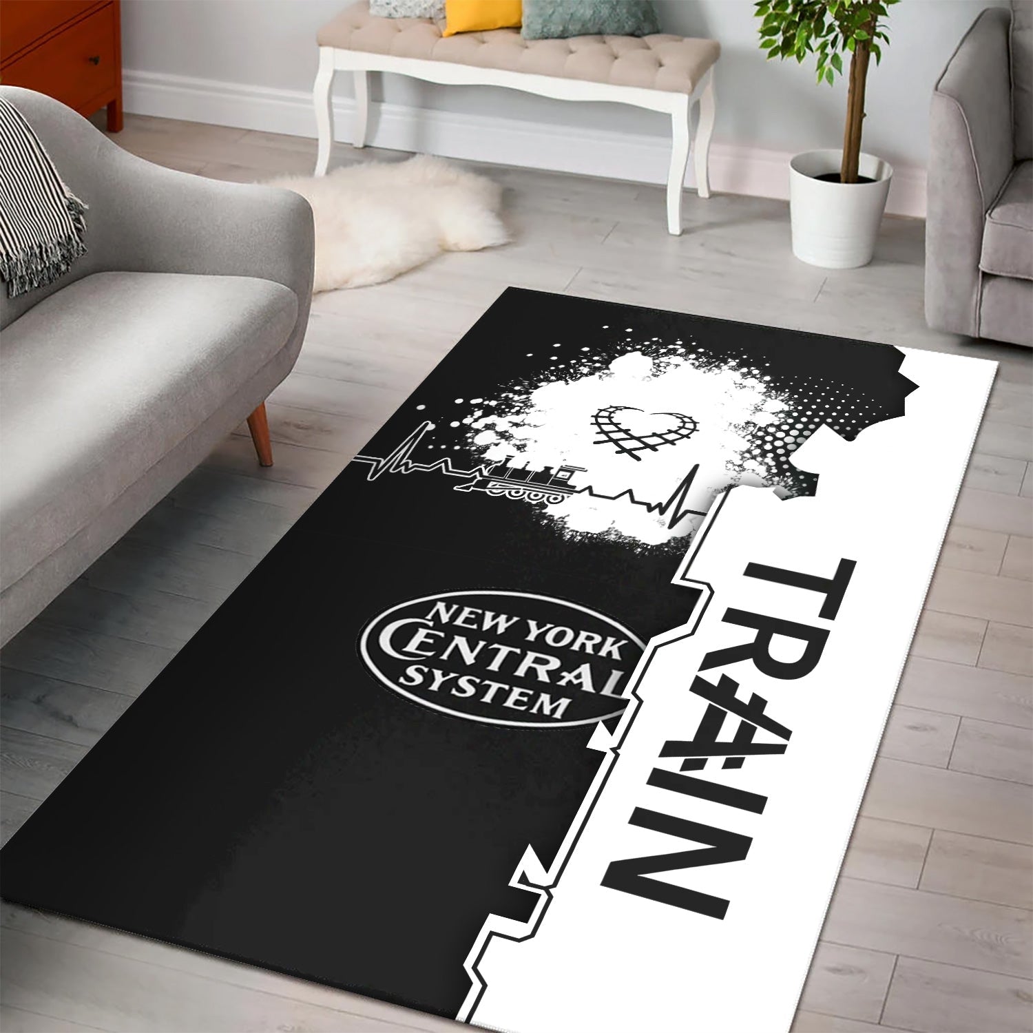 Railspirit New York Central Railroad Area Rug Engine Heartbeat and Track Love Style Rug Gift Idea For Train Lovers