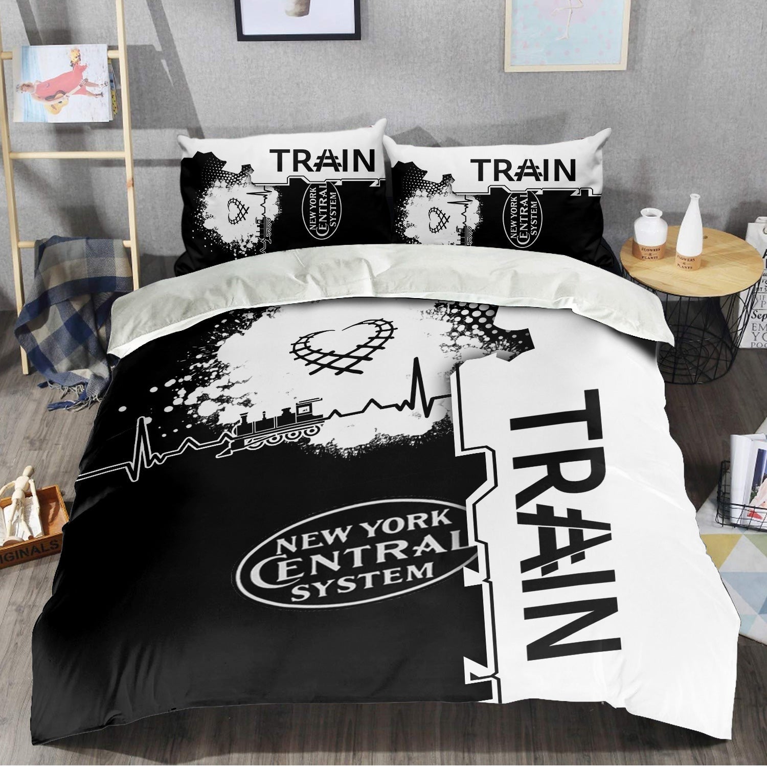 Railspirit New York Central Railroad Bedding Set Engine Heartbeat and Track Love Style Bedding Set Gift Idea For Train Lovers