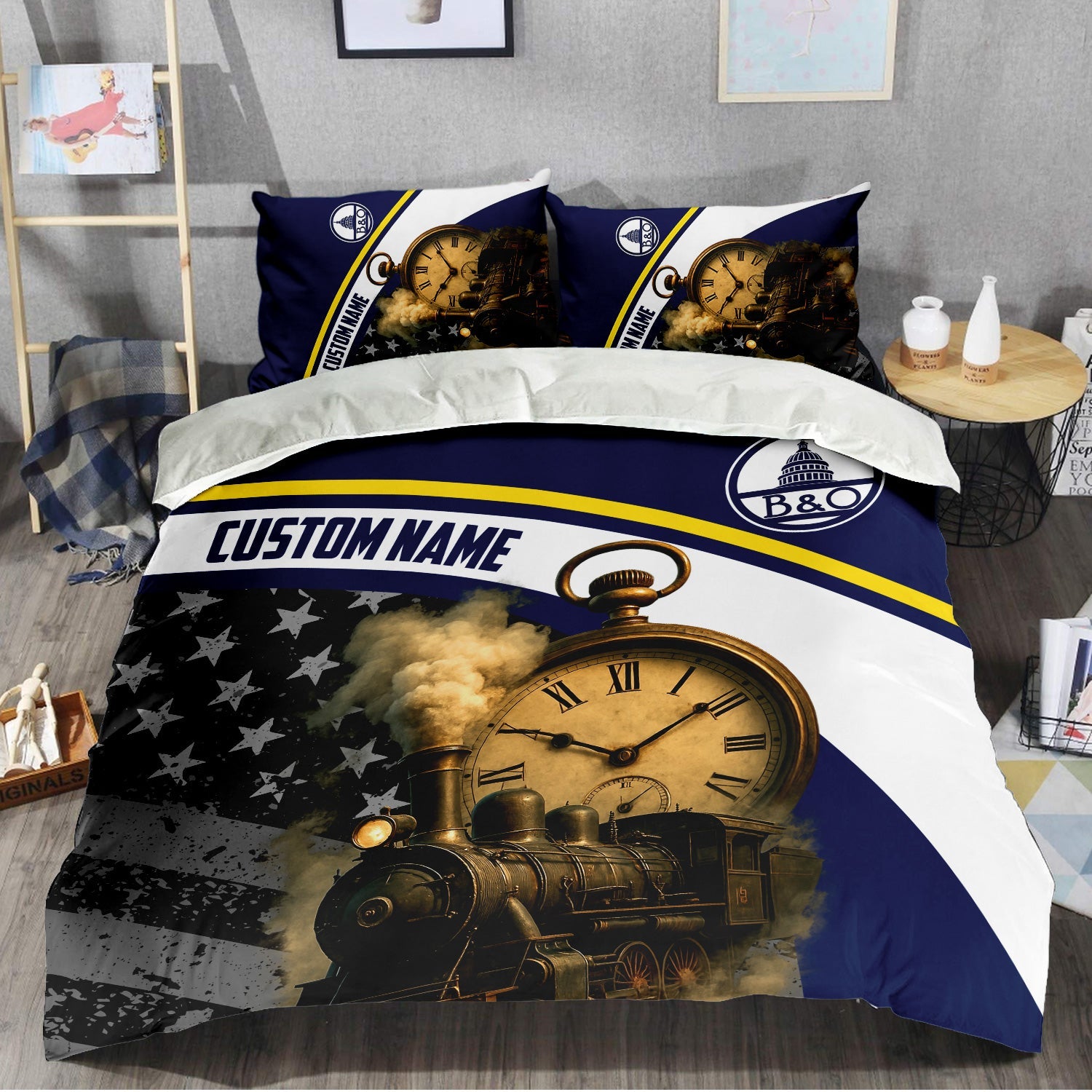 Railspirit Personalized Baltimore and Ohio Railroad Bedding Set Classic Steam Engine With Retro Pocket Watch B&O Bedding Set All Over Print