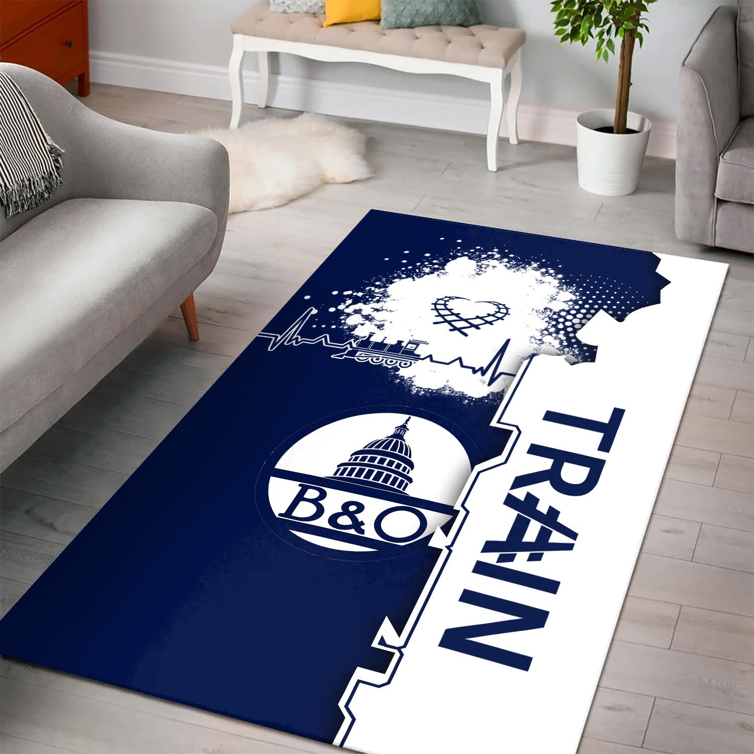 Railspirit Baltimore and Ohio Railroad Area Rug Engine Heartbeat and Track Love Style B&O Rug Gift Idea For Train Lovers