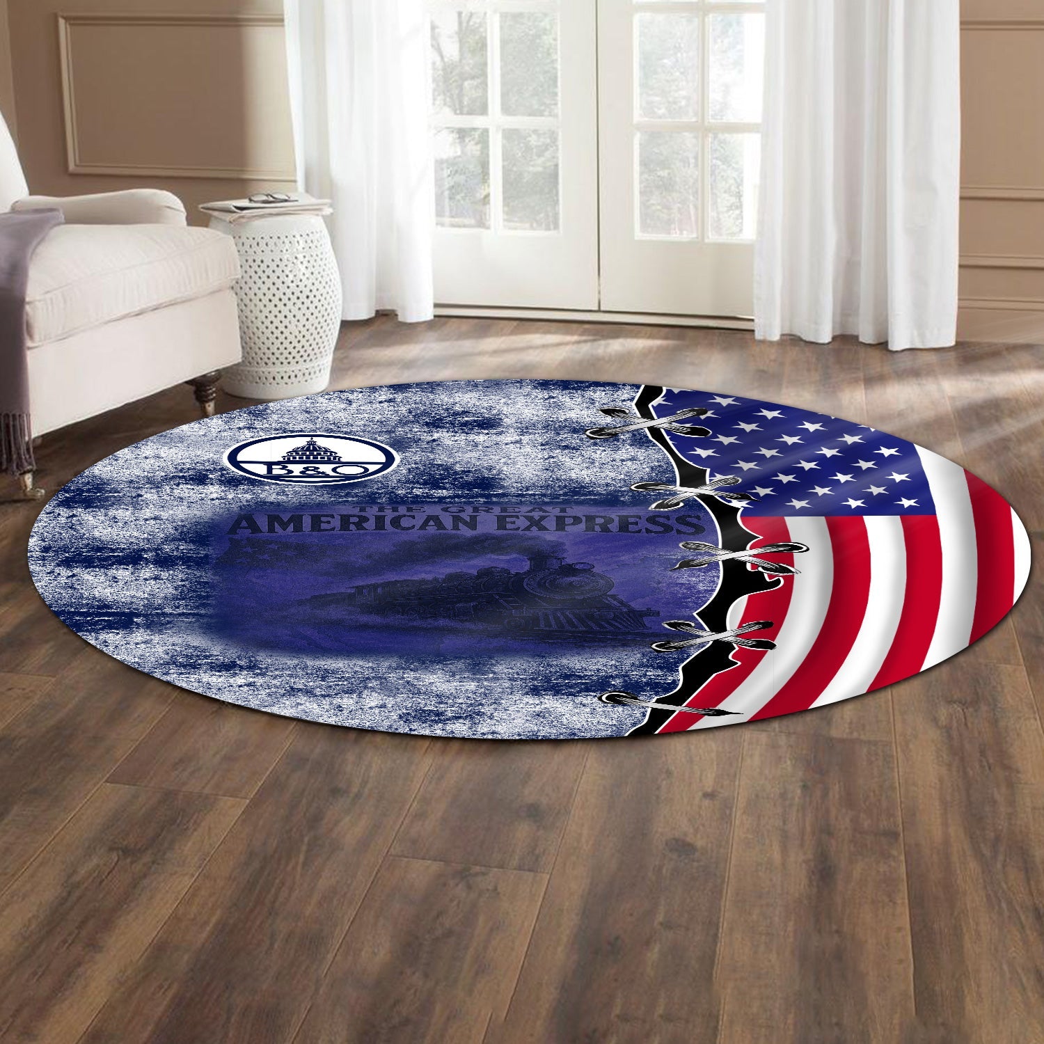 Railspirit Baltimore and Ohio Railroad Round Mat Retro American Express Train With USA Flag B&O Round Mat