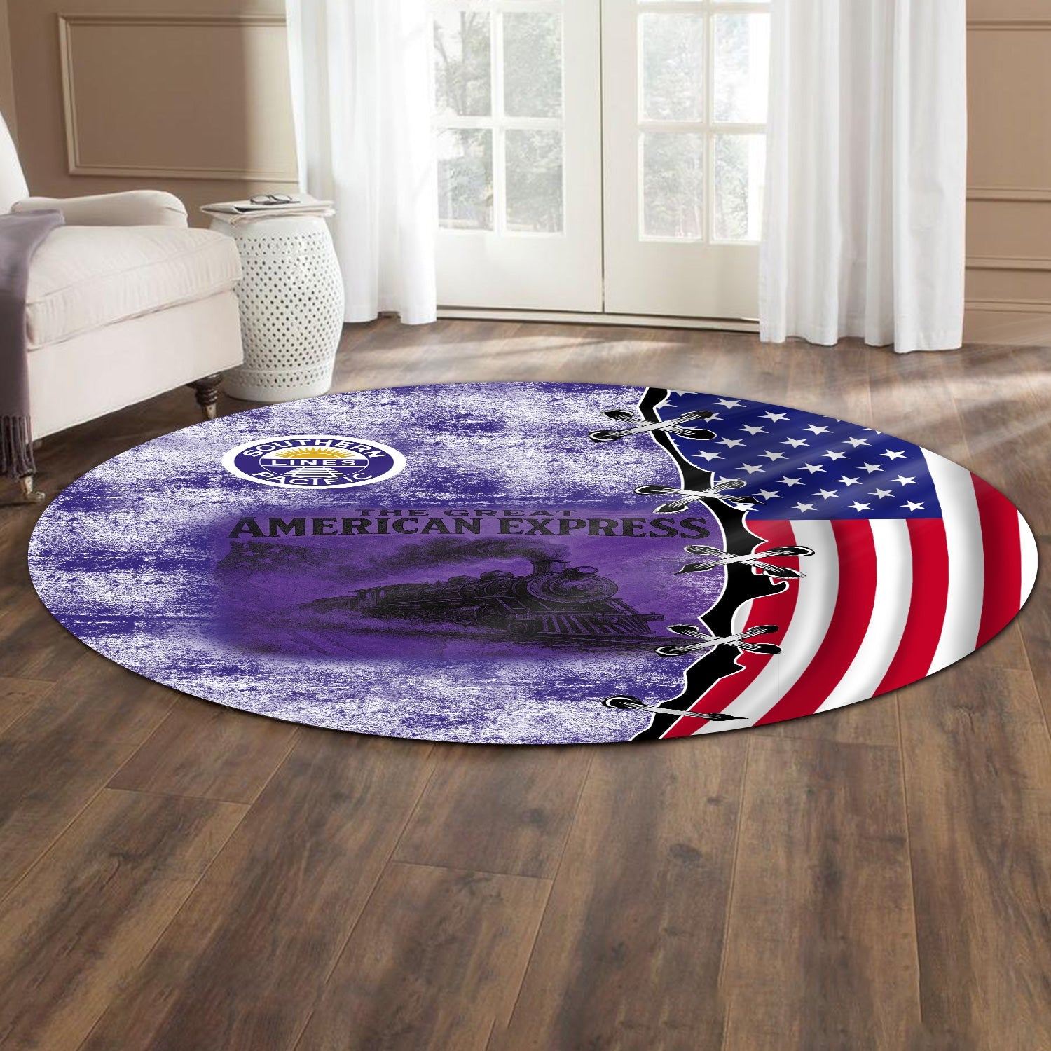 Railspirit Southern Pacific Railroad Round Mat Retro American Express Train With USA Flag Round Mat