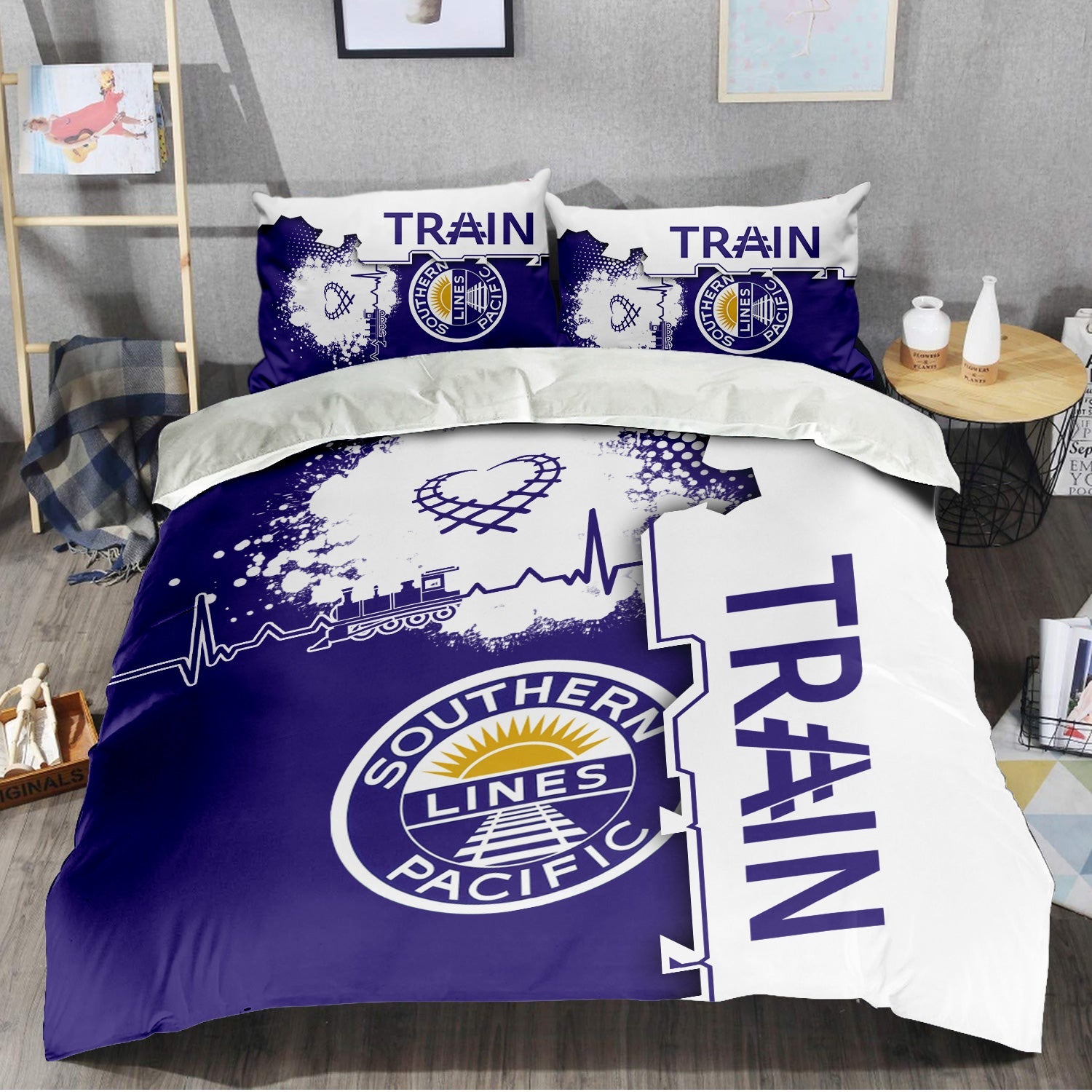 Railspirit Southern Pacific Railroad Bedding Set Engine Heartbeat and Track Love Style Bedding Set Gift Idea For Train Lovers
