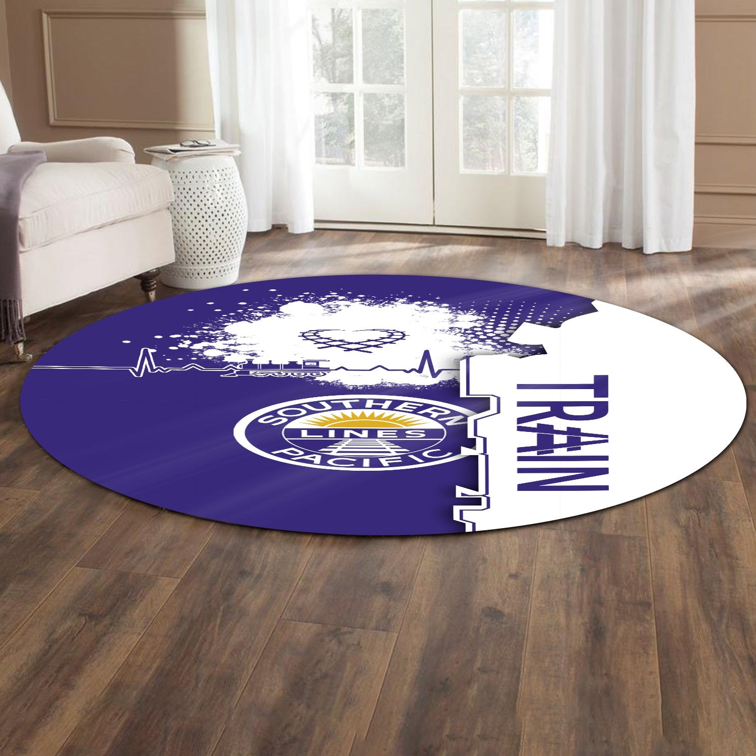 Railspirit Southern Pacific Railroad Round Mat Engine Heartbeat and Track Love Style Mat Gift Idea For Train Lovers