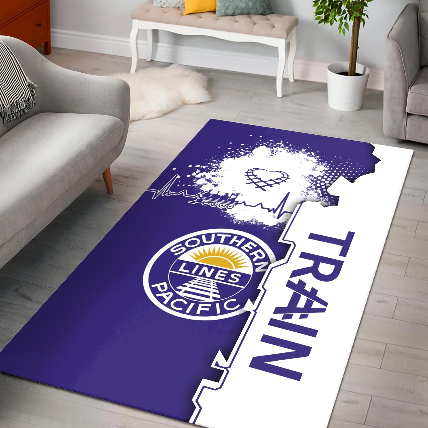 Railspirit Southern Pacific Railroad Area Rug Engine Heartbeat and Track Love Style Rug Gift Idea For Train Lovers