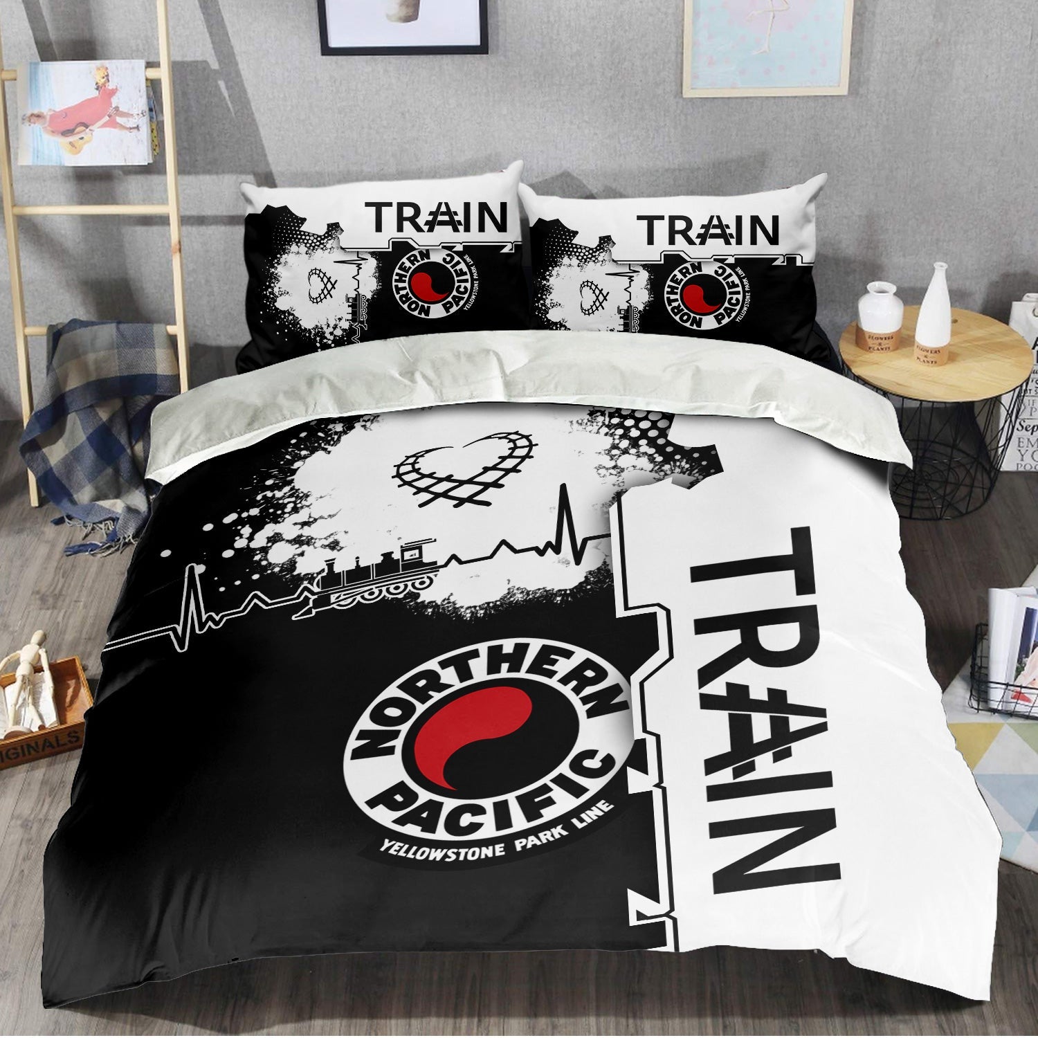Railspirit Northern Pacific Railway Bedding Set Engine Heartbeat and Track Love Style Bedding Set Gift Idea For Train Lovers