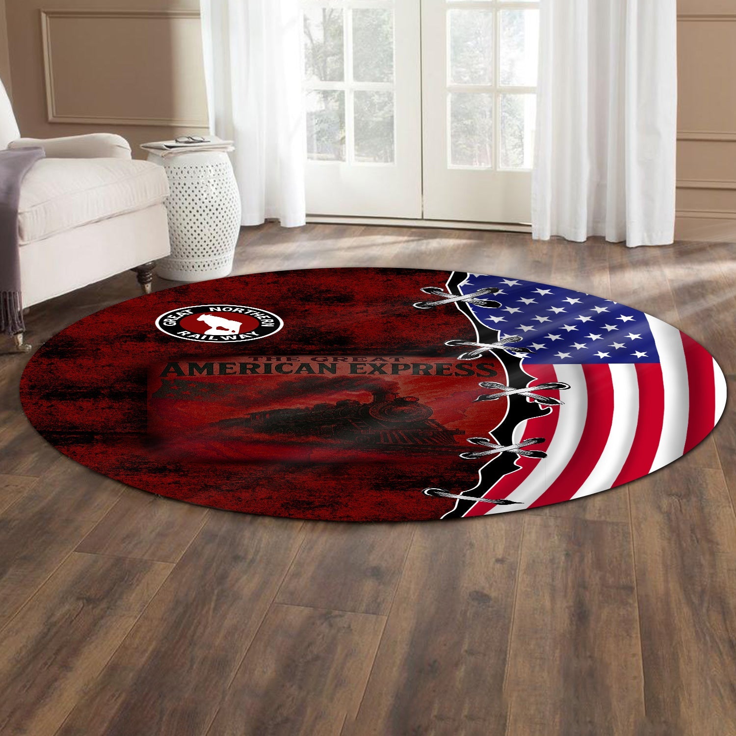 Railspirit Great Northern Railway Round Mat Retro American Express Train With USA Flag GNR Round Mat