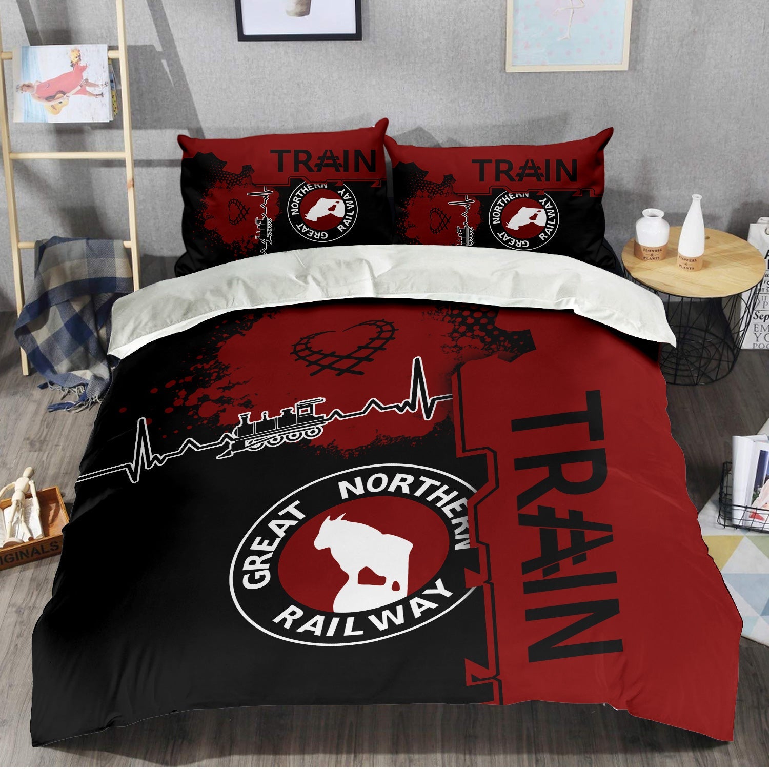 Railspirit Great Northern Railway Bedding Set Engine Heartbeat and Track Love Style GNR Bedding Set Gift Idea For Train Lovers