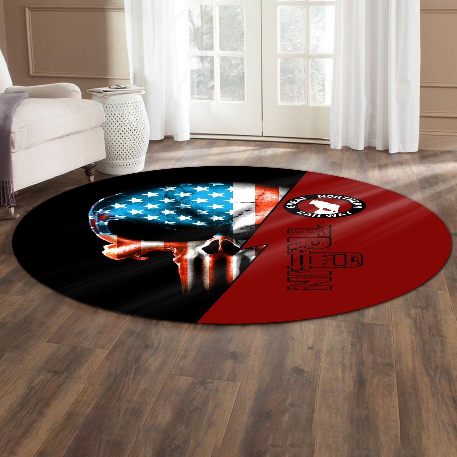 Railspirit Great Northern Railway Round Mat Train Skull American Flag Style GNR Mat All Over Print