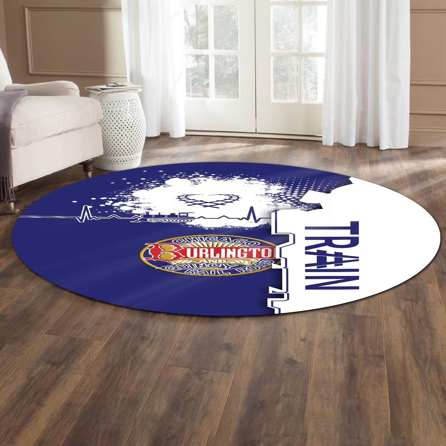 Railspirit Chicago, Burlington and Quincy Railroad Round Mat Engine Heartbeat and Track Love Style Mat Gift Idea For Train Lovers