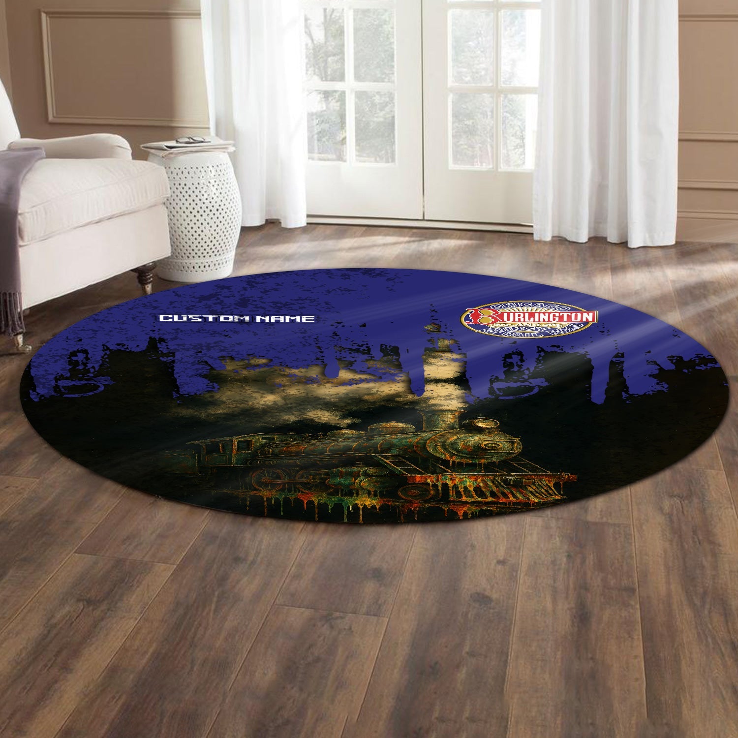 Railspirit Personalized Chicago, Burlington and Quincy Railroad Round Mat Vintage Train Art Style Mat For Locomotive Fans