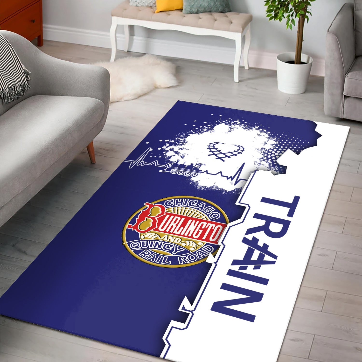 Railspirit Chicago, Burlington and Quincy Railroad Area Rug Engine Heartbeat and Track Love Style Rug Gift Idea For Train Lovers