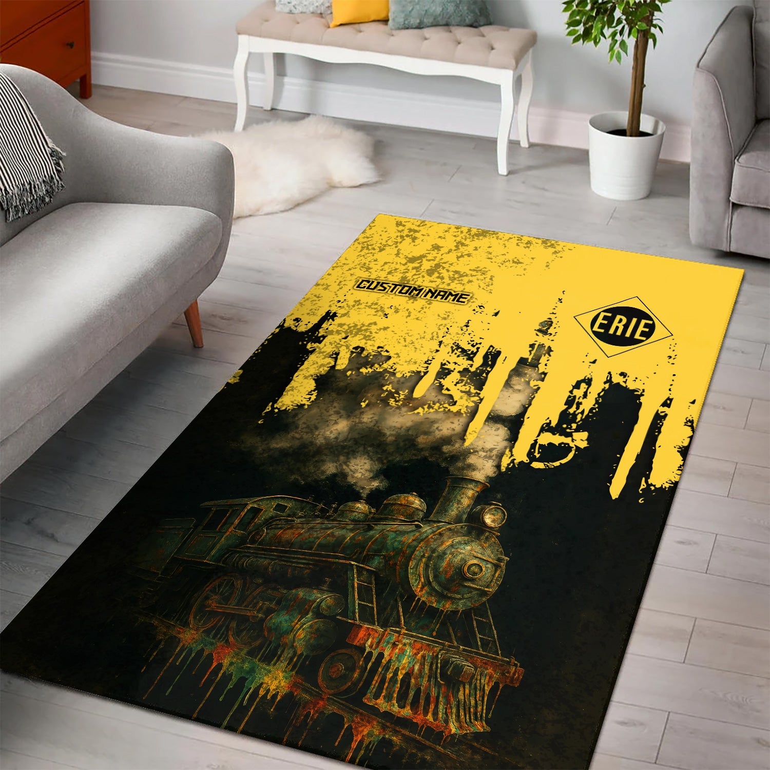 Railspirit Personalized Erie Railroad Area Rug Vintage Train Art Style Rug For Locomotive Fans