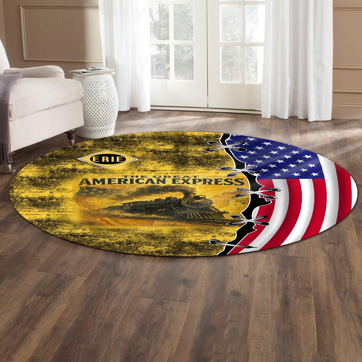 Railspirit Erie Railroad Round Mat Retro American Express Train With USA Flag Round Mat