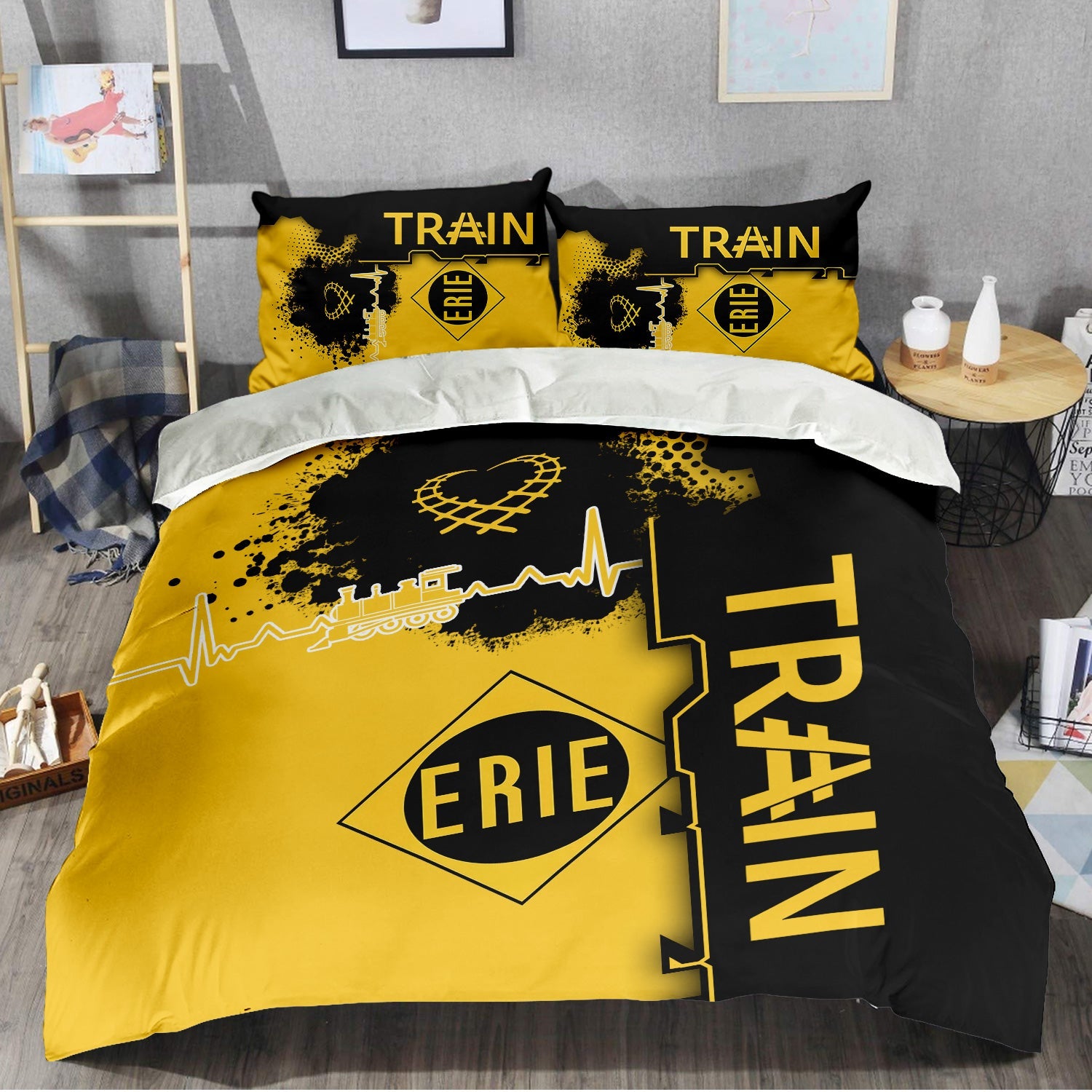 Railspirit Erie Railroad Bedding Set Engine Heartbeat and Track Love Style Bedding Set Gift Idea For Train Lovers