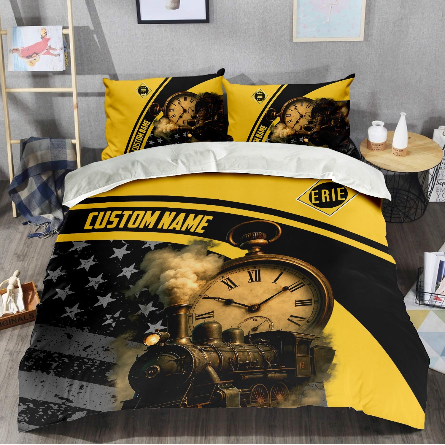 Railspirit Personalized Erie Railroad Bedding Set Classic Steam Engine With Retro Pocket Watch Bedding Set All Over Print