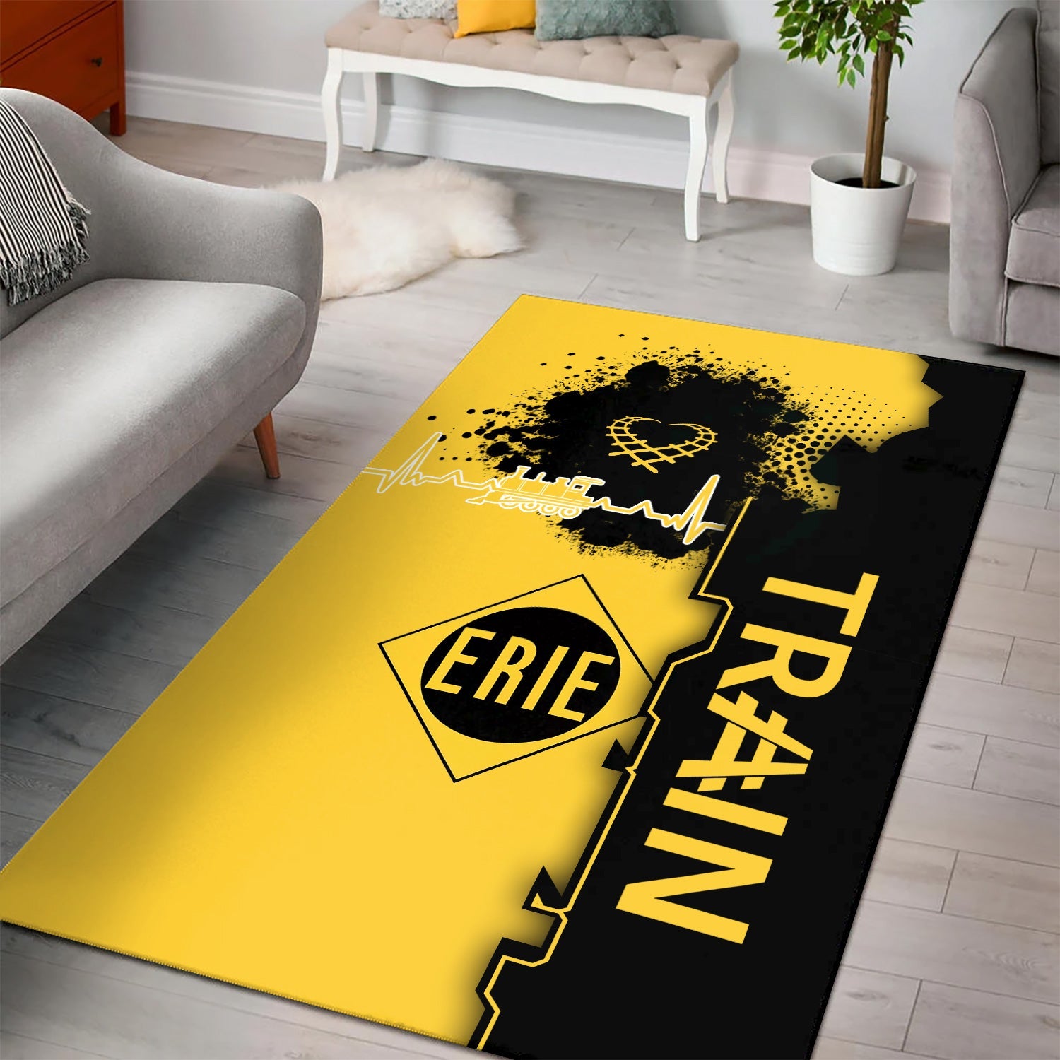 Railspirit Erie Railroad Area Rug Engine Heartbeat and Track Love Style Rug Gift Idea For Train Lovers