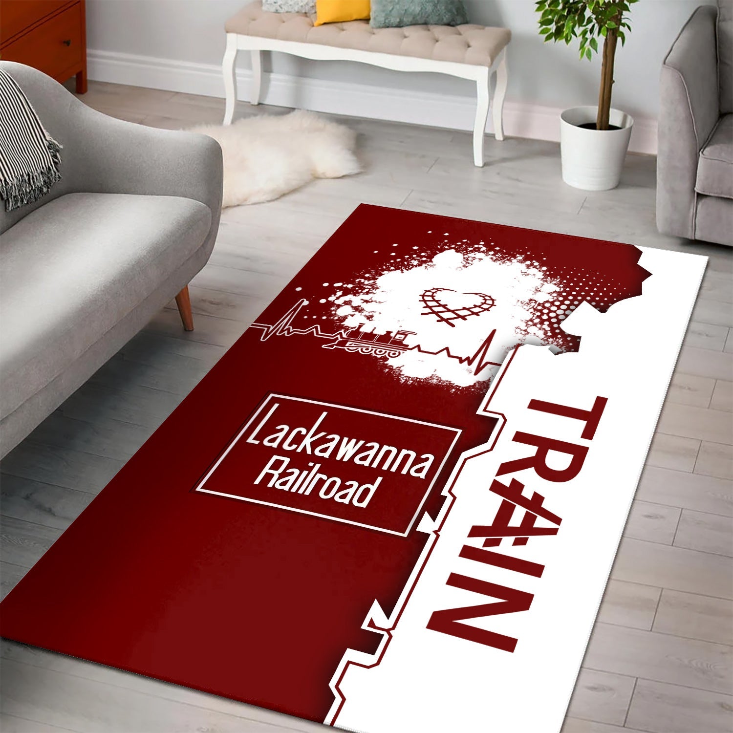 Railspirit Delaware, Lackawanna and Western Railroad Area Rug Engine Heartbeat and Track Love Style DL&W Rug Gift Idea For Train Lovers
