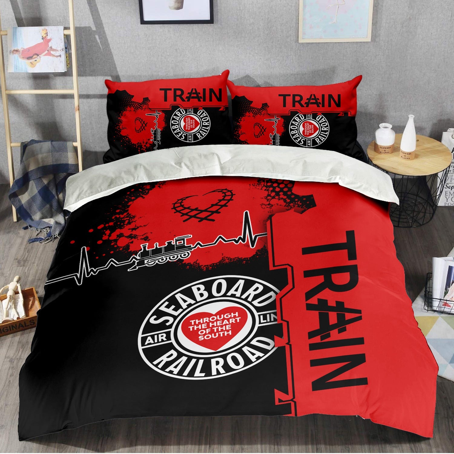 Railspirit Seaboard Air Line Railroad Bedding Set Engine Heartbeat and Track Love Style Bedding Set Gift Idea For Train Lovers