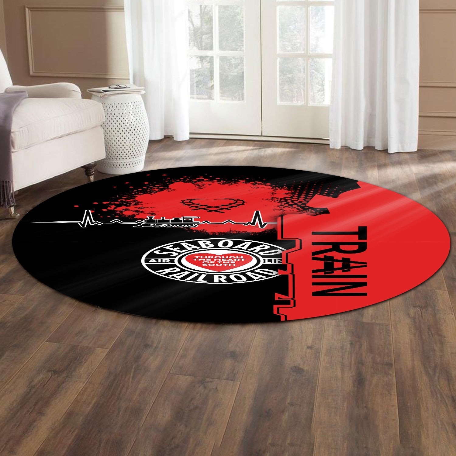 Railspirit Seaboard Air Line Railroad Round Mat Engine Heartbeat and Track Love Style Mat Gift Idea For Train Lovers