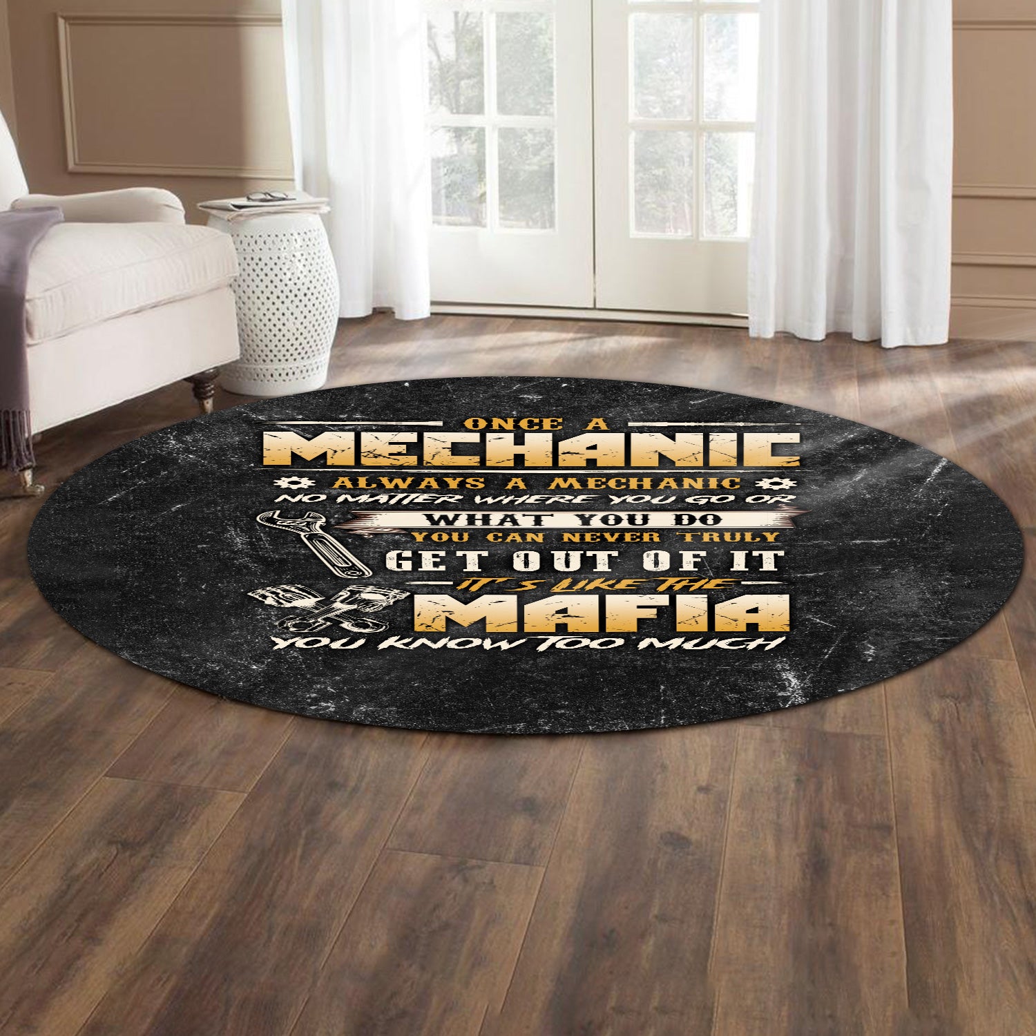 Once a Mechanic Always a Mechanic Round Mat, Funny Mechanic Apparel, Car Repair Mafia Rug for Mechanics, Rug Gift for Auto Technicians