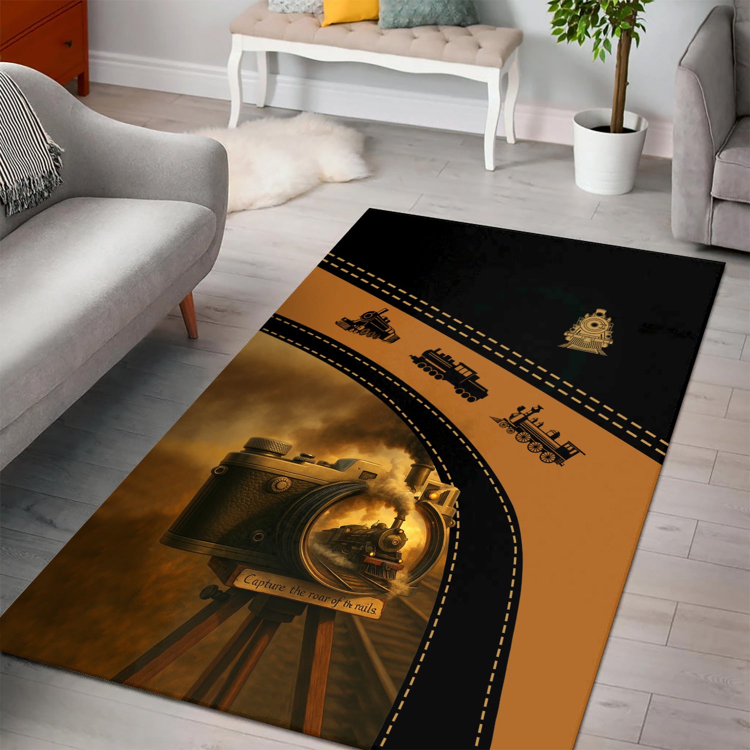Railspirit Area Rug Vintage Camera Capture the Roar of the Rails Train Rug for Train Enthusiast