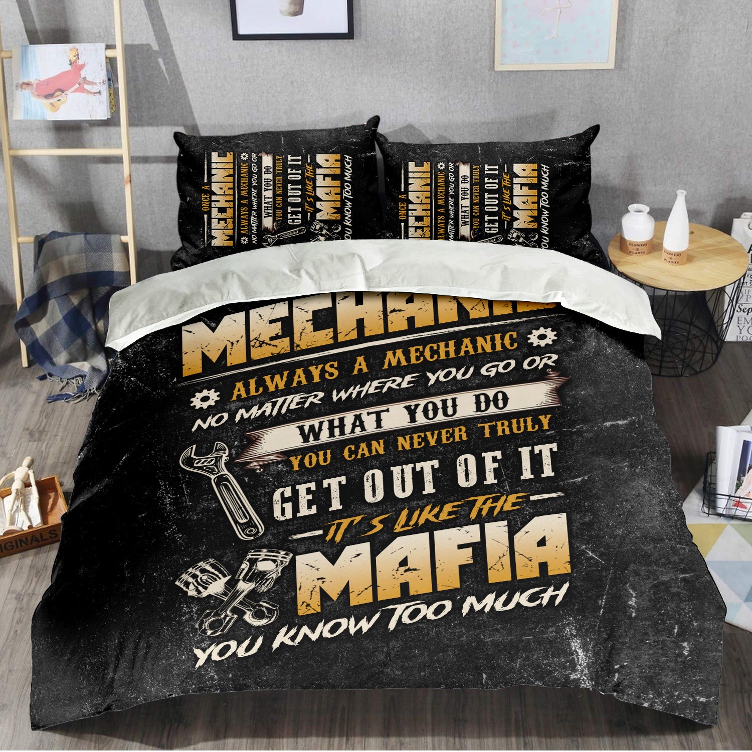 Once a Mechanic Always a Mechanic Bedding Set, Funny Mechanic Apparel, Car Repair Mafia Bedding Set for Mechanics