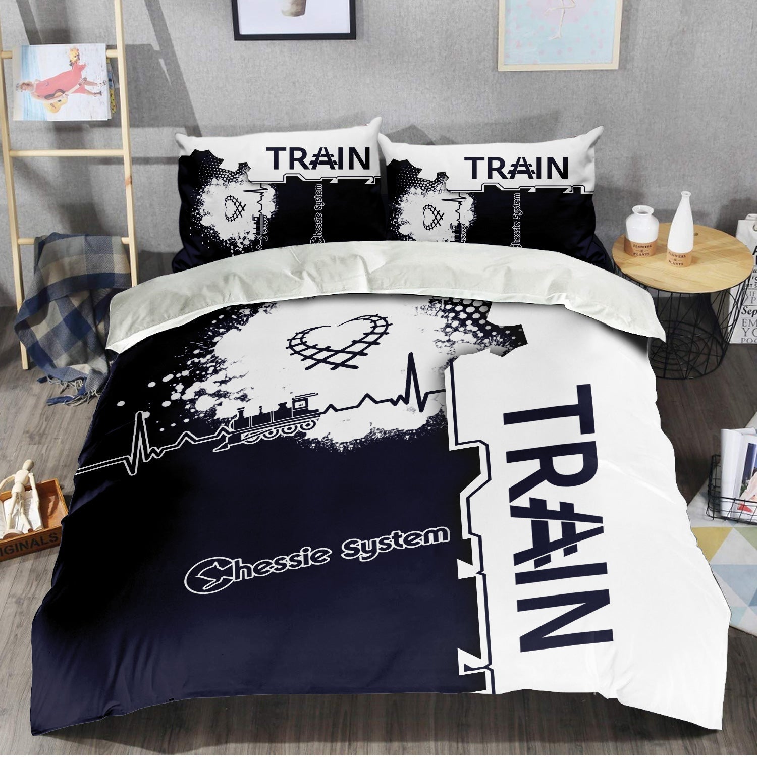 Railspirit Chessie System Railroad Bedding Set Engine Heartbeat and Track Love Style Bedding Set Gift Idea For Train Lovers