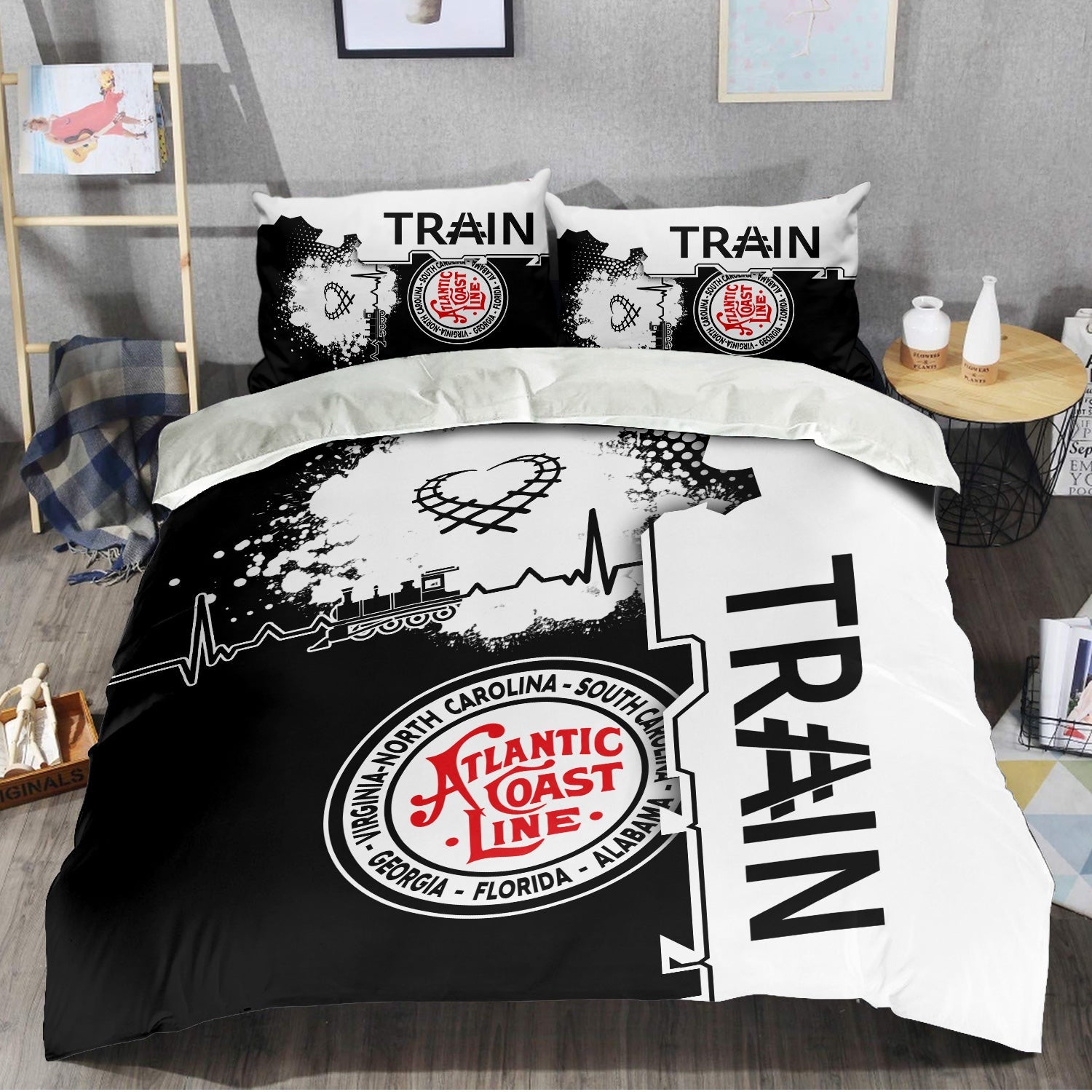 Railspirit Atlantic Coast Line Railroad Bedding Set Engine Heartbeat and Track Love Style Bedding Set Gift Idea For Train Lovers
