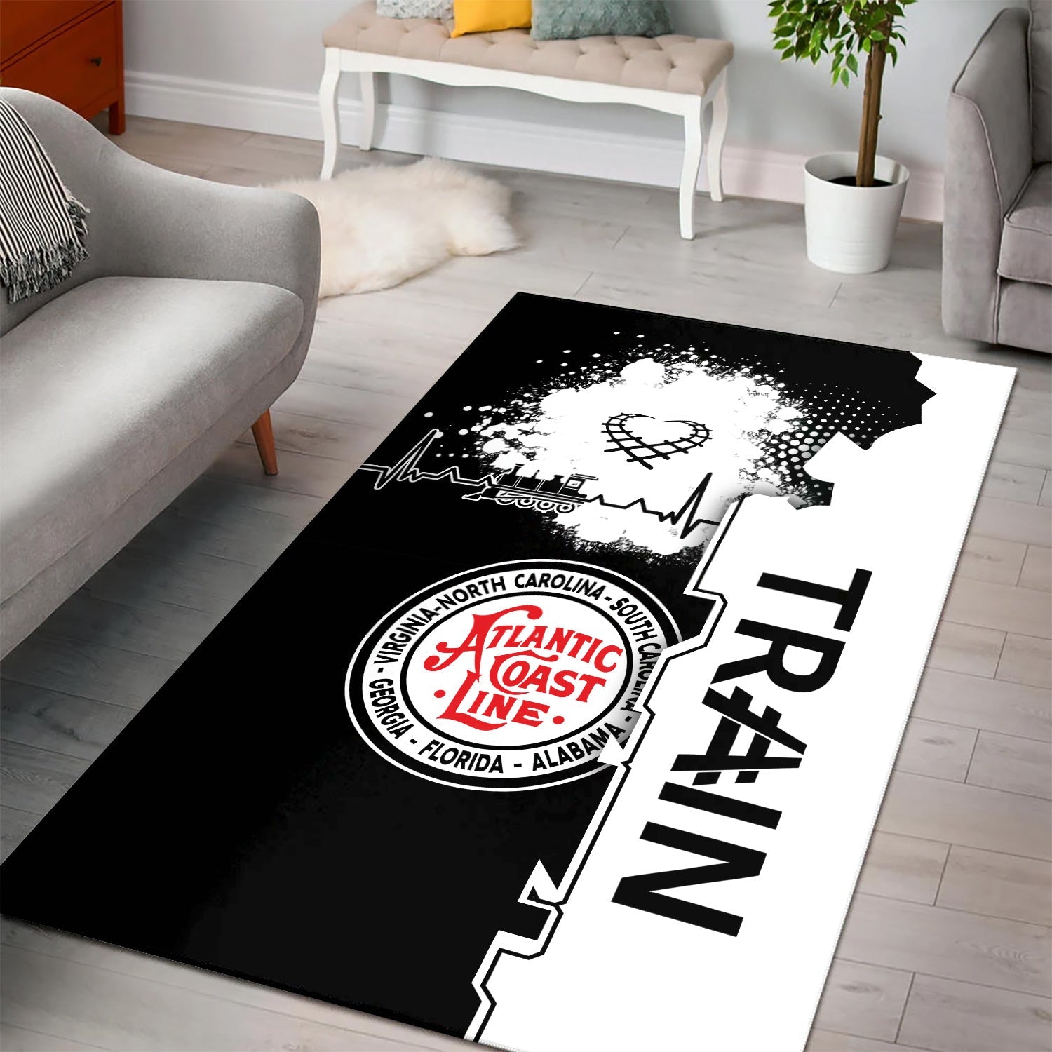 Railspirit Atlantic Coast Line Railroad Area Rug Engine Heartbeat and Track Love Style Rug Gift Idea For Train Lovers