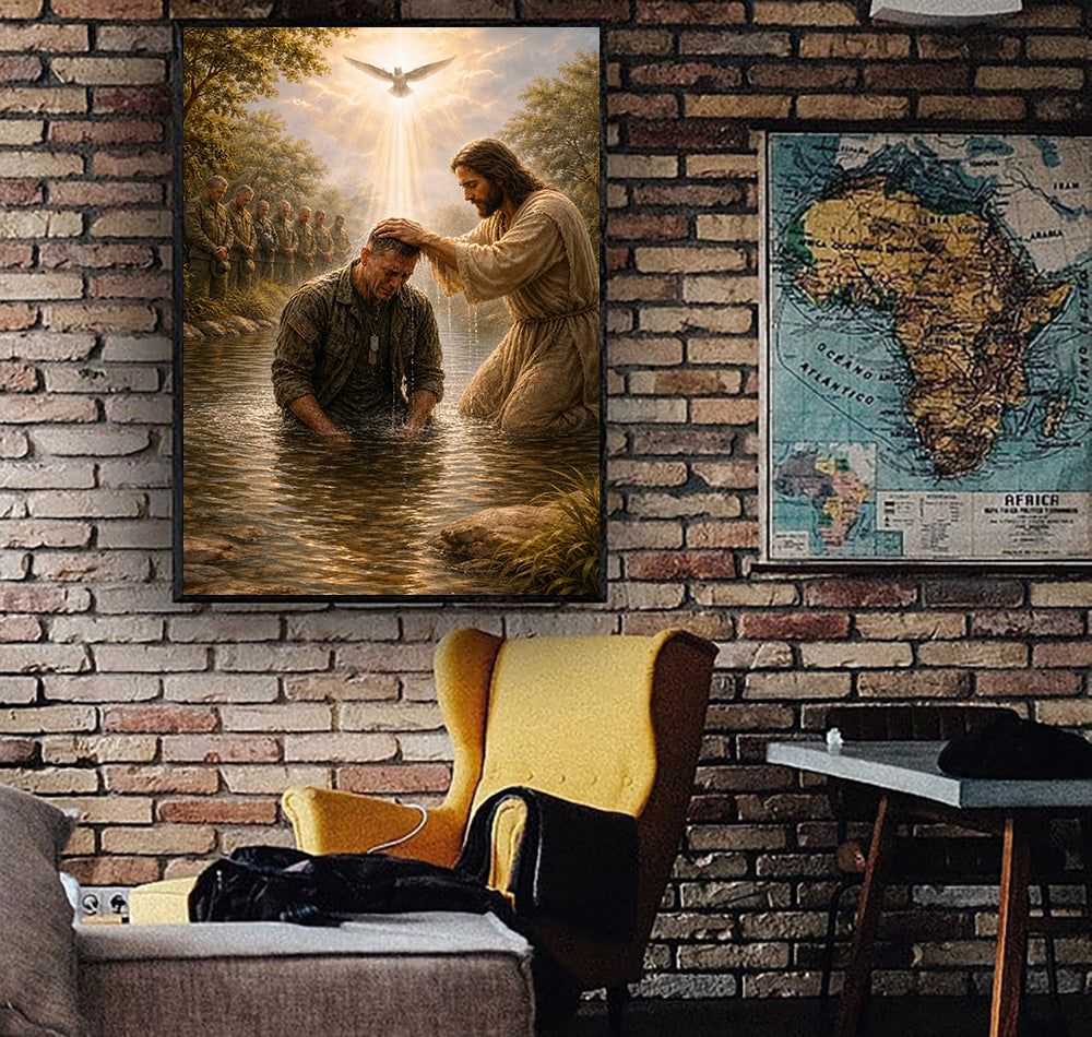Jesus Baptism Printed Canvas, Father’s Day Gift for Dad, Christian Wall Art Decor with Veteran Soldier Baptized in River Design