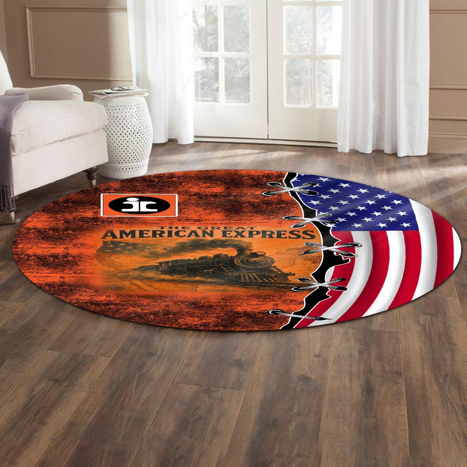 Railspirit Illinois Central Railroad Round Mat Retro American Express Train With USA Flag Round Mat