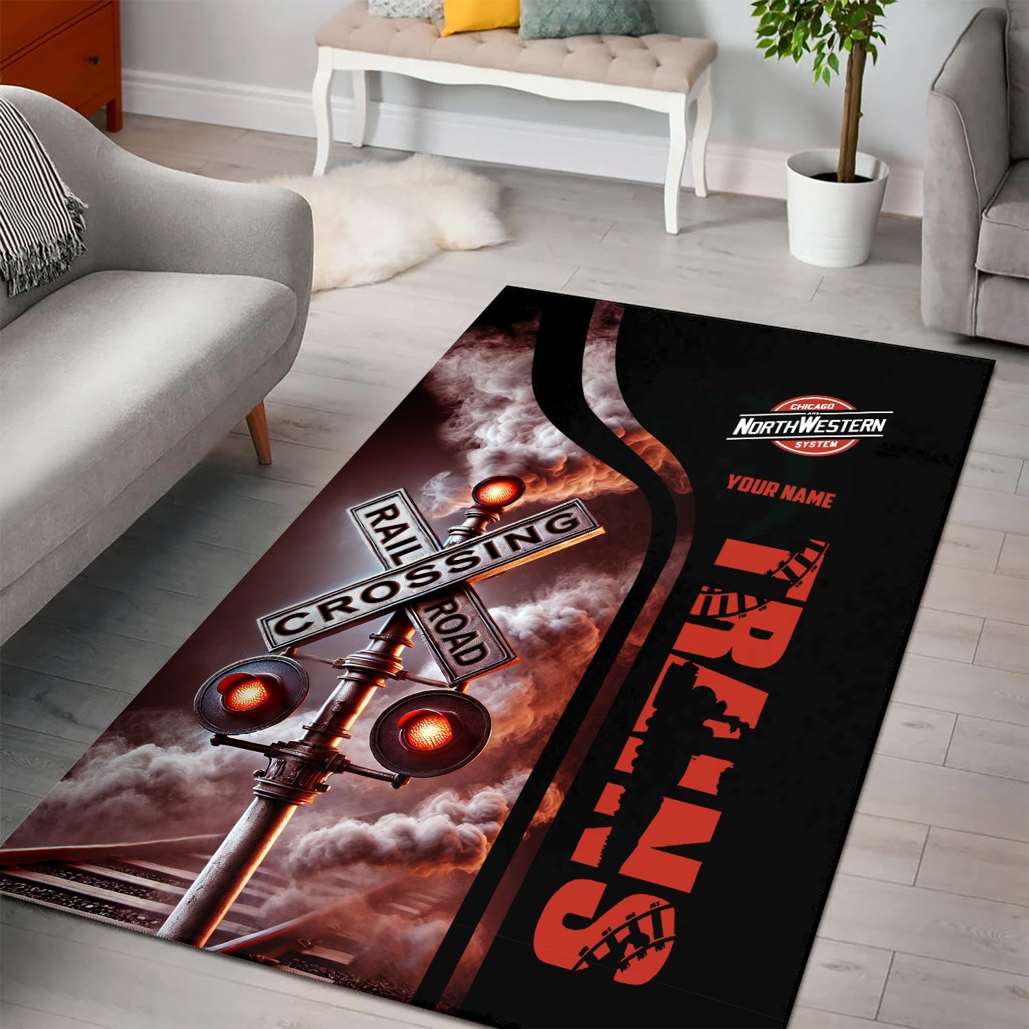 Railspirit Personalized Chicago and North Western Railway Area Rug Railroad Crossing Sign Rug All Over Print
