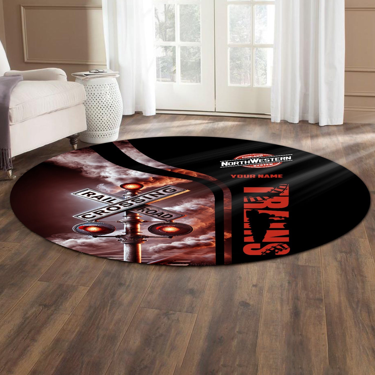 Railspirit Personalized Chicago and North Western Railway Round Mat Railroad Crossing Sign Mat All Over Print