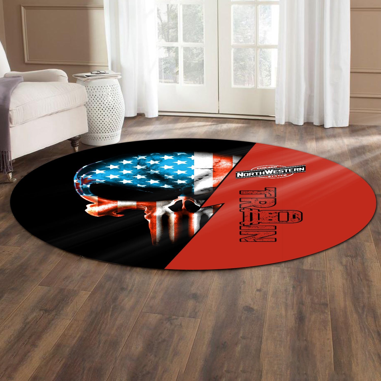 Railspirit Chicago and North Western Railway Round Mat Train Skull American Flag Style Rug All Over Print