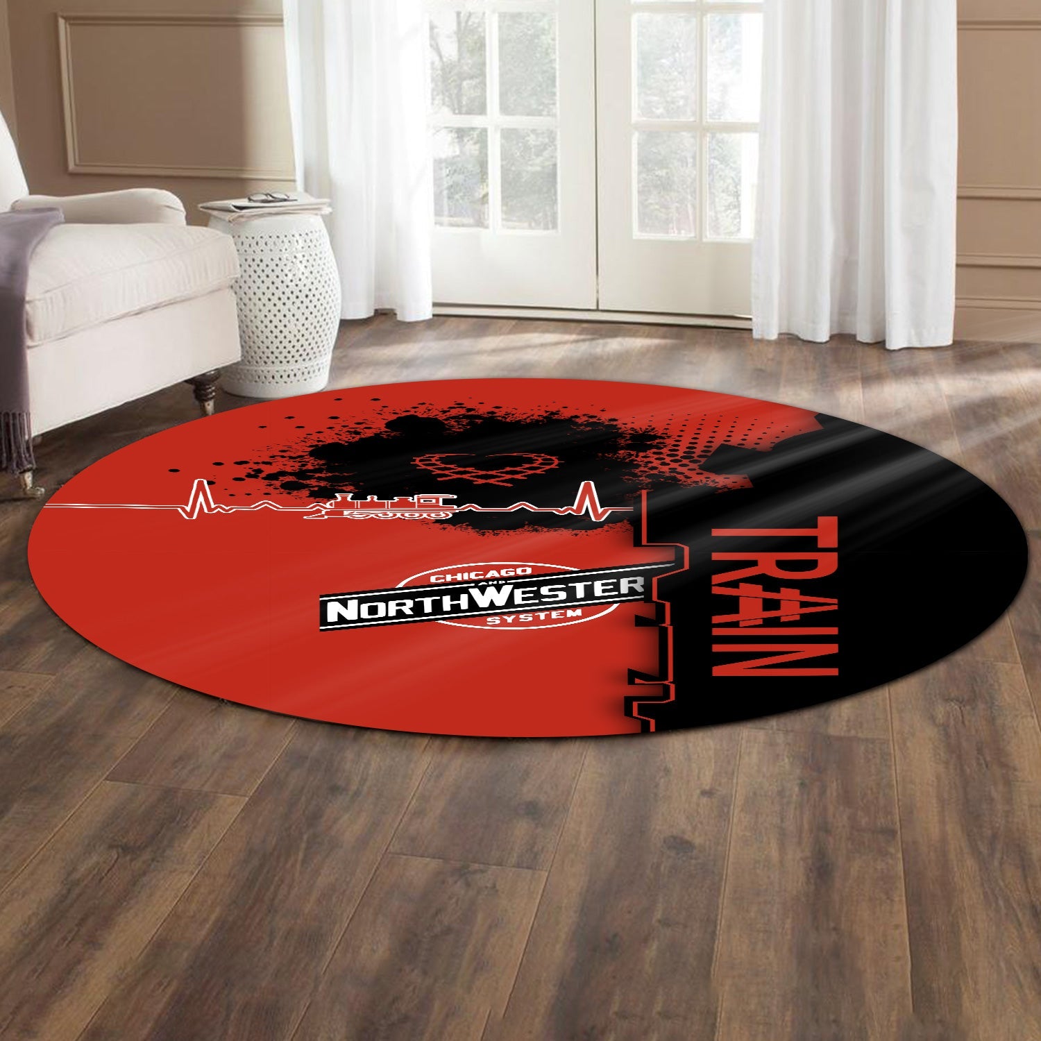 Railspirit Chicago and North Western Railway Round Mat Engine Heartbeat and Track Love Style Mat Gift Idea For Train Lovers