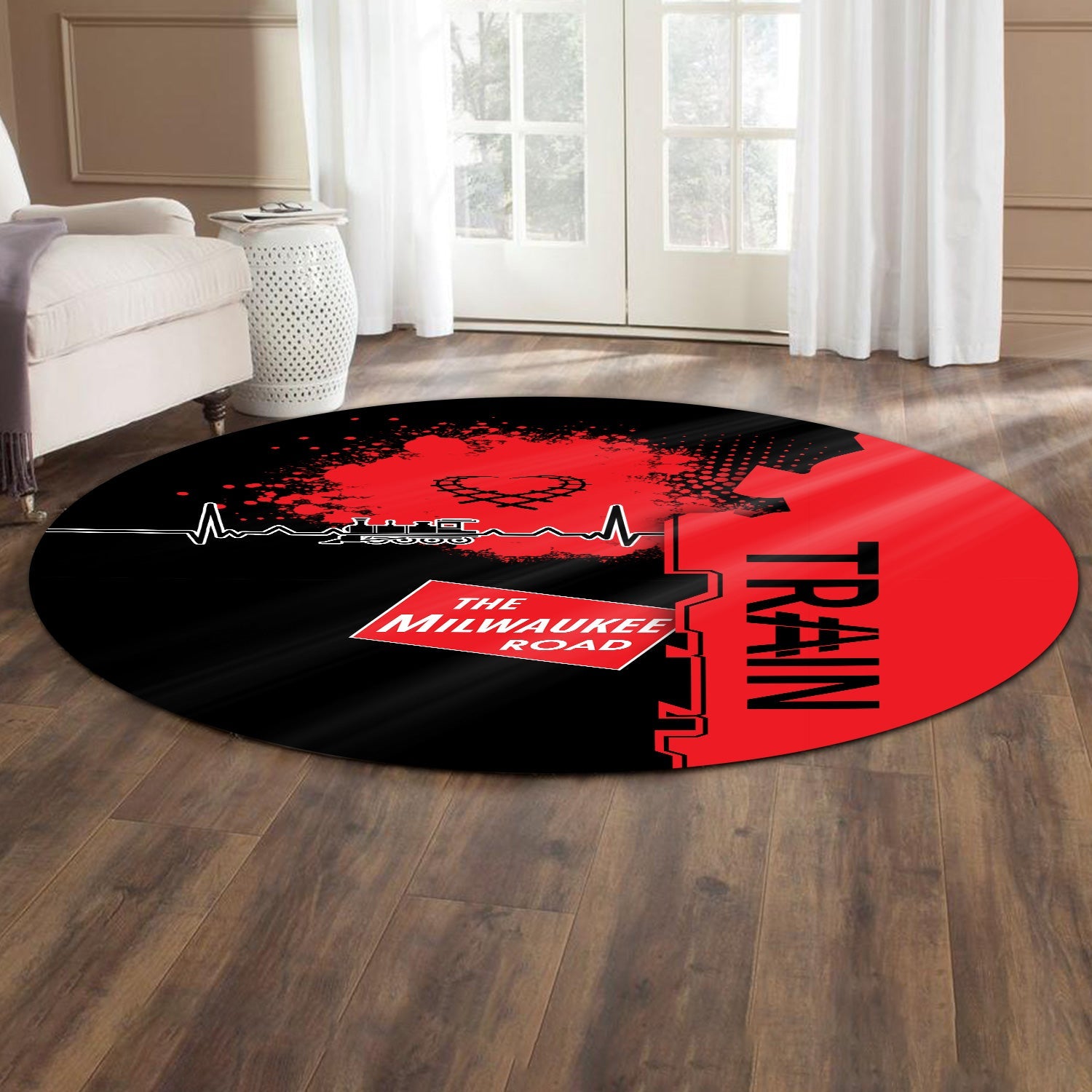 Railspirit Chicago, Milwaukee, St. Paul and Pacific Railroad Round Mat Engine Heartbeat and Track Love Style Milwaukee Road Mat Gift For Train Lovers