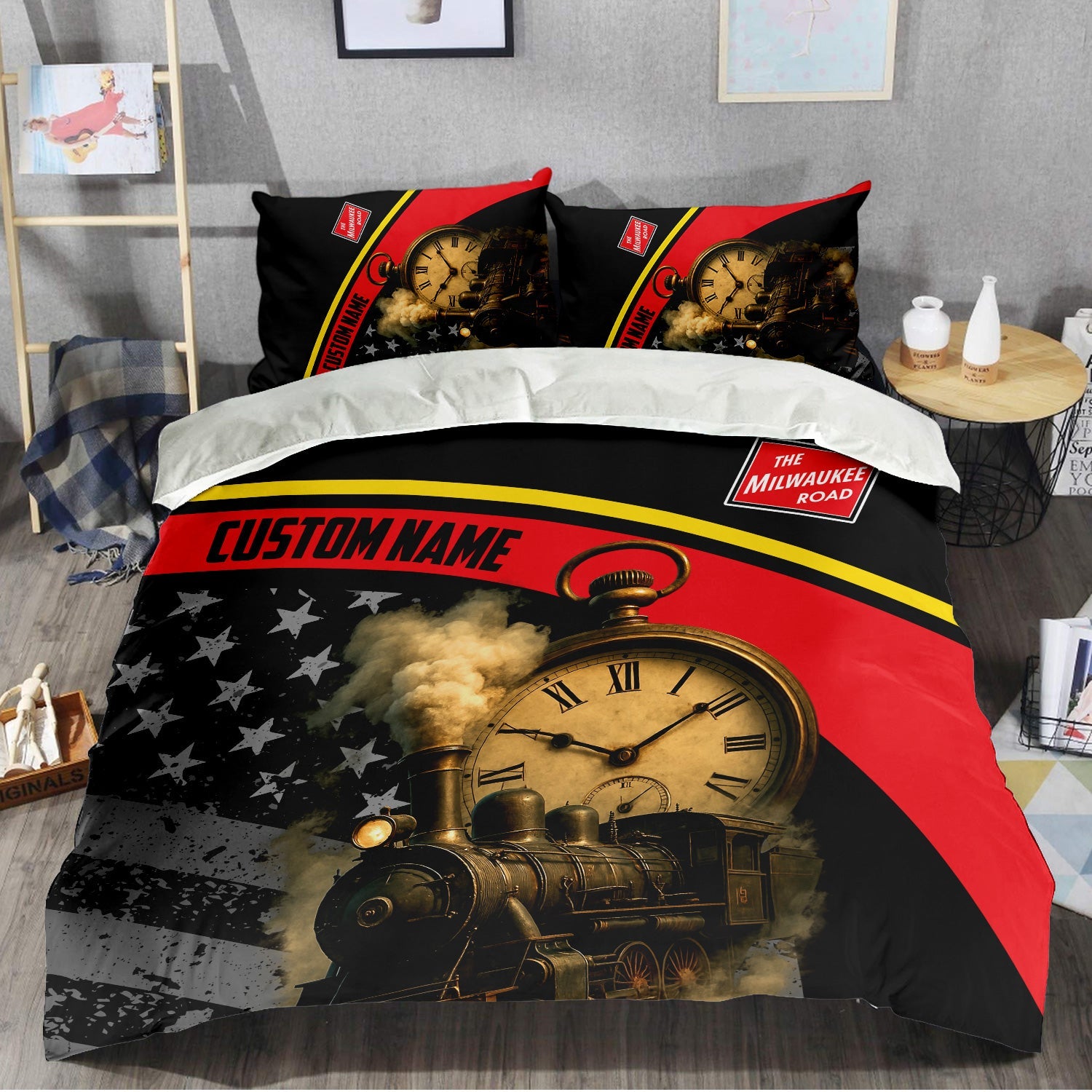 Railspirit Personalized Chicago, Milwaukee, St. Paul and Pacific Railroad Bedding Set Steam Engine With Retro Pocket Watch Milwaukee Road Bedding Set