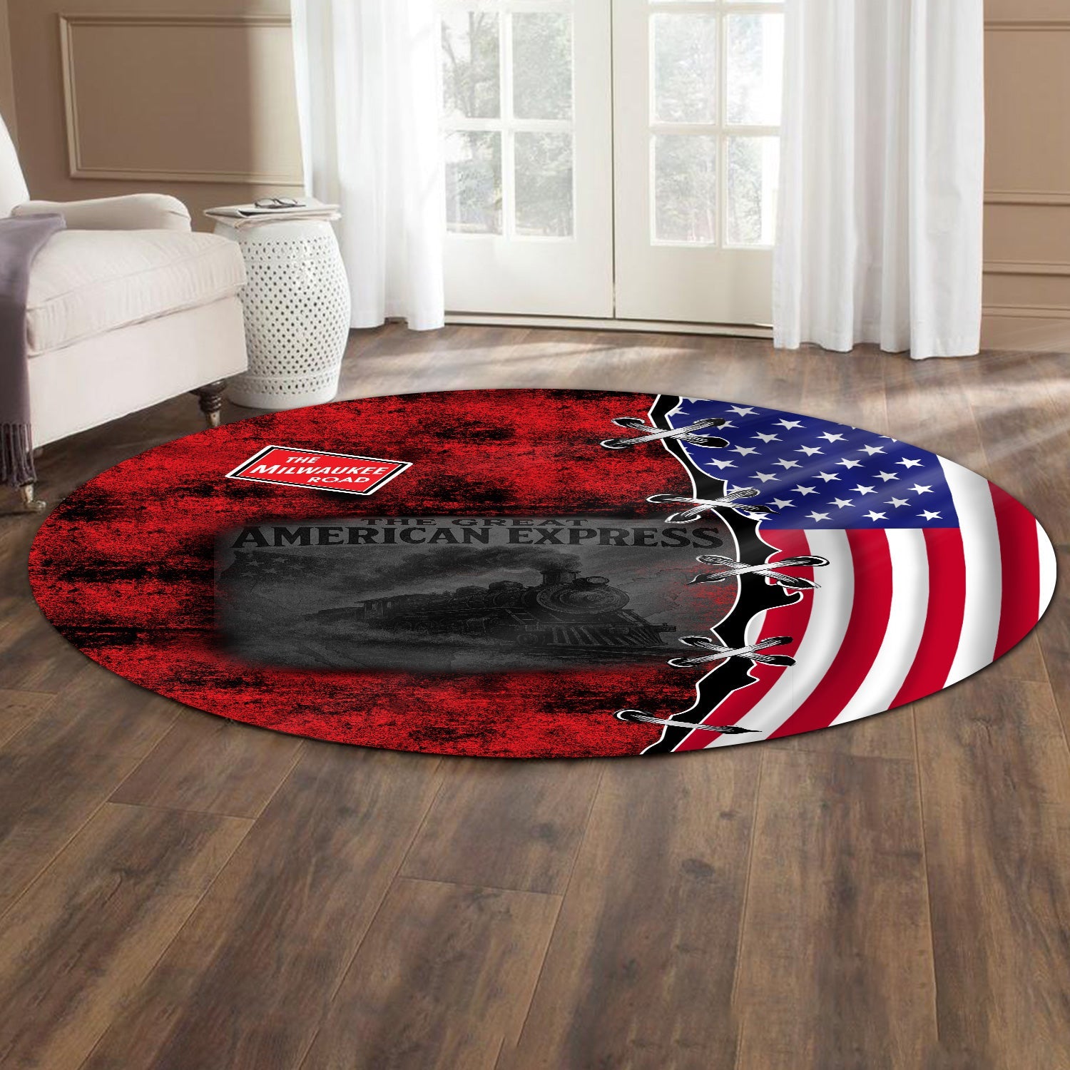 Railspirit Chicago, Milwaukee, St. Paul and Pacific Railroad Round Mat Retro American Express Train With USA Flag Milwaukee Road Round Mat