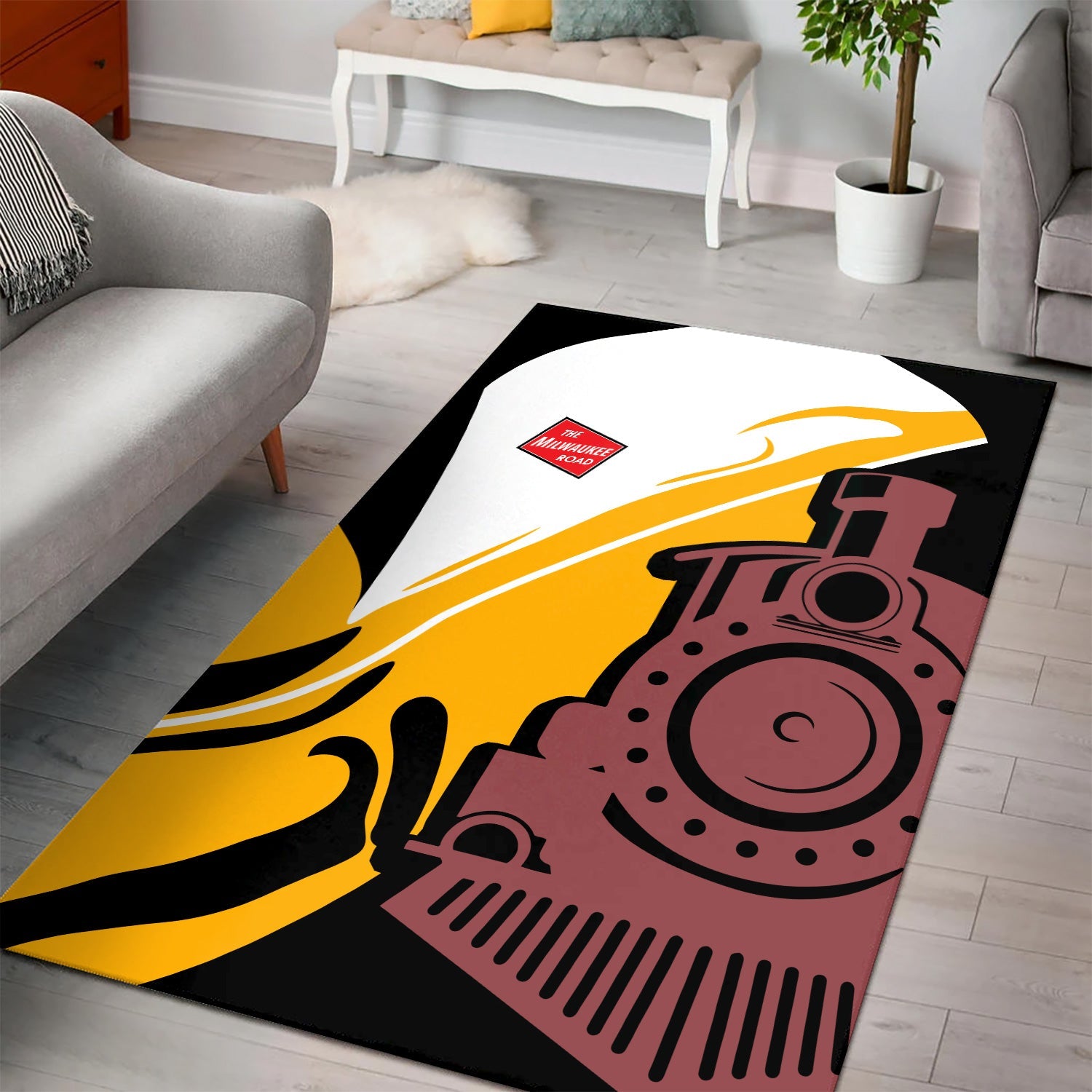 Railspirit Chicago, Milwaukee, St. Paul and Pacific Railroad Area Rug Flame-Inspired Style Milwaukee Road Rug Gift Idea For Train Lovers