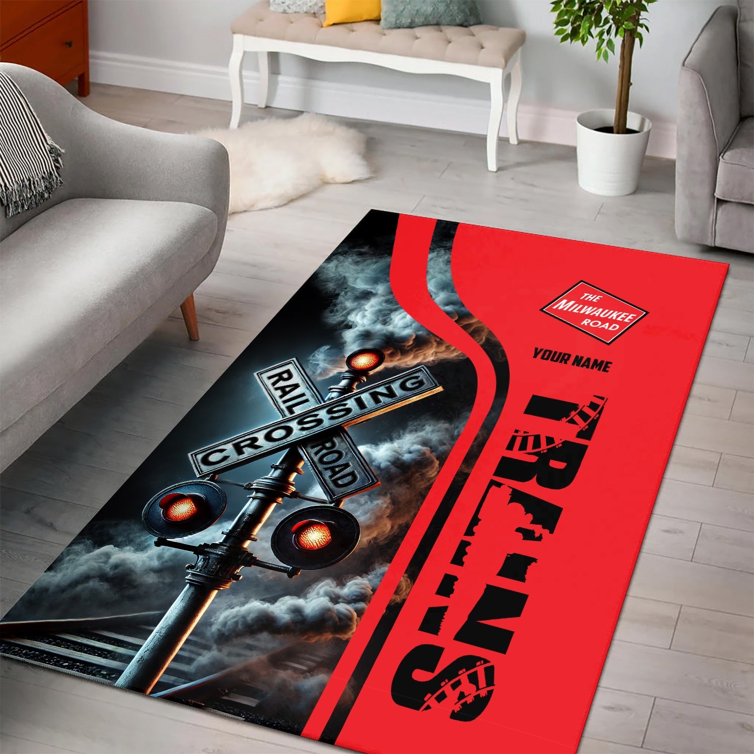 Railspirit Personalized Chicago, Milwaukee, St. Paul and Pacific Railroad Area Rug Railroad Crossing Sign Milwaukee Road Rug All Over Print