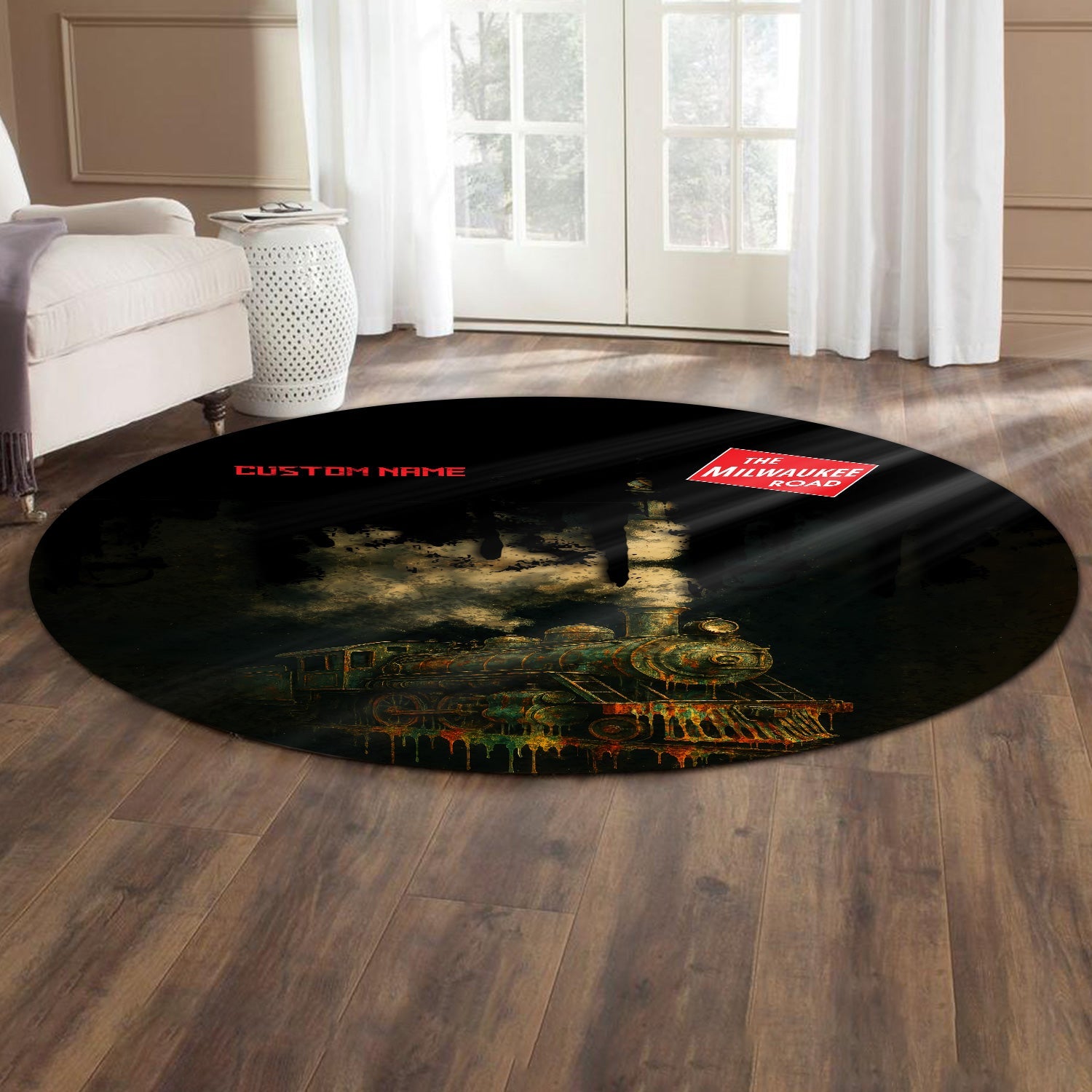 Railspirit Personalized Chicago, Milwaukee, St. Paul and Pacific Railroad Round Mat Vintage Train Art Style Milwaukee Road Mat For Locomotive Fans
