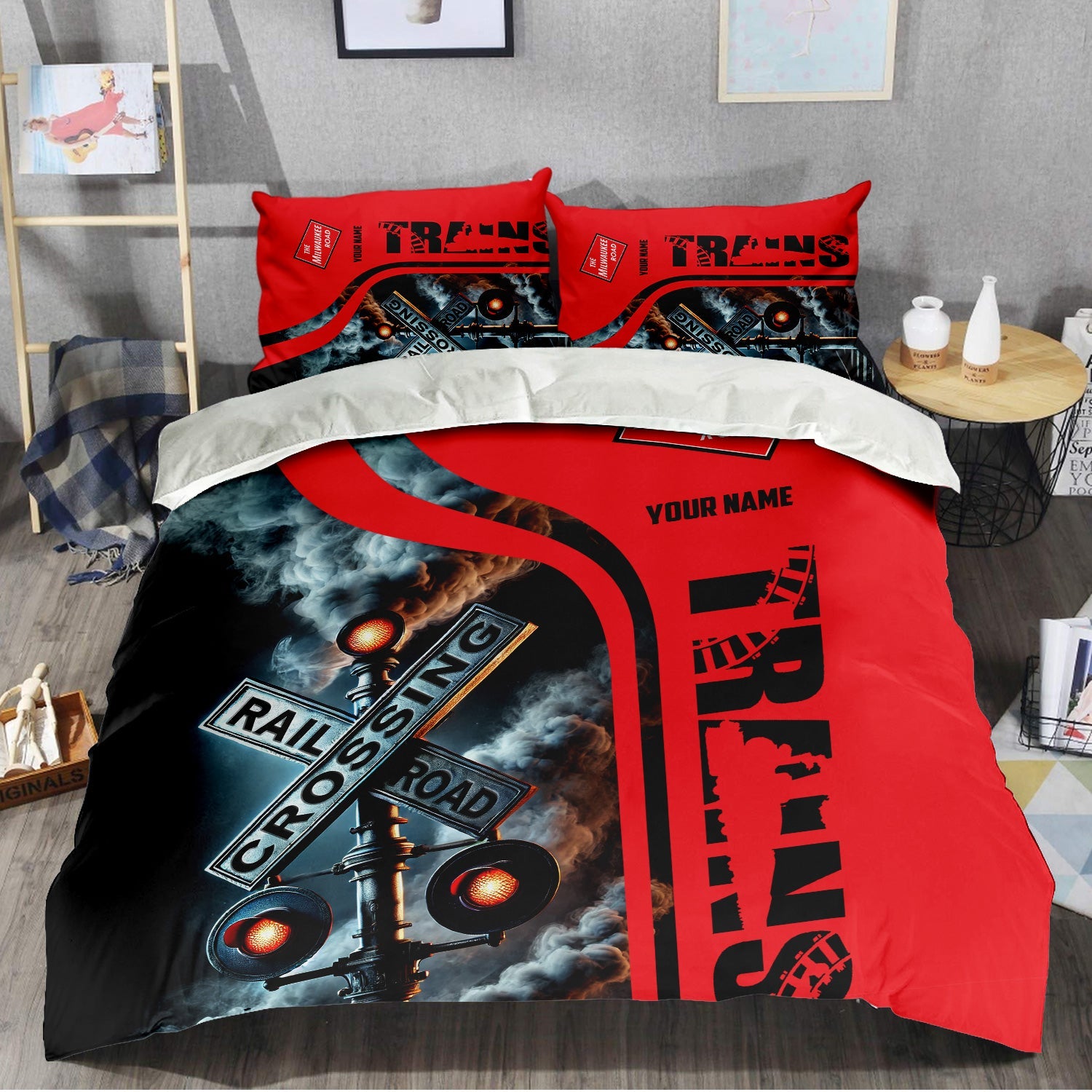 Railspirit Personalized Chicago, Milwaukee, St.Paul and Pacific Railroad Bedding Set Railroad Crossing Sign Milwaukee Road Bedding Set All Over Print