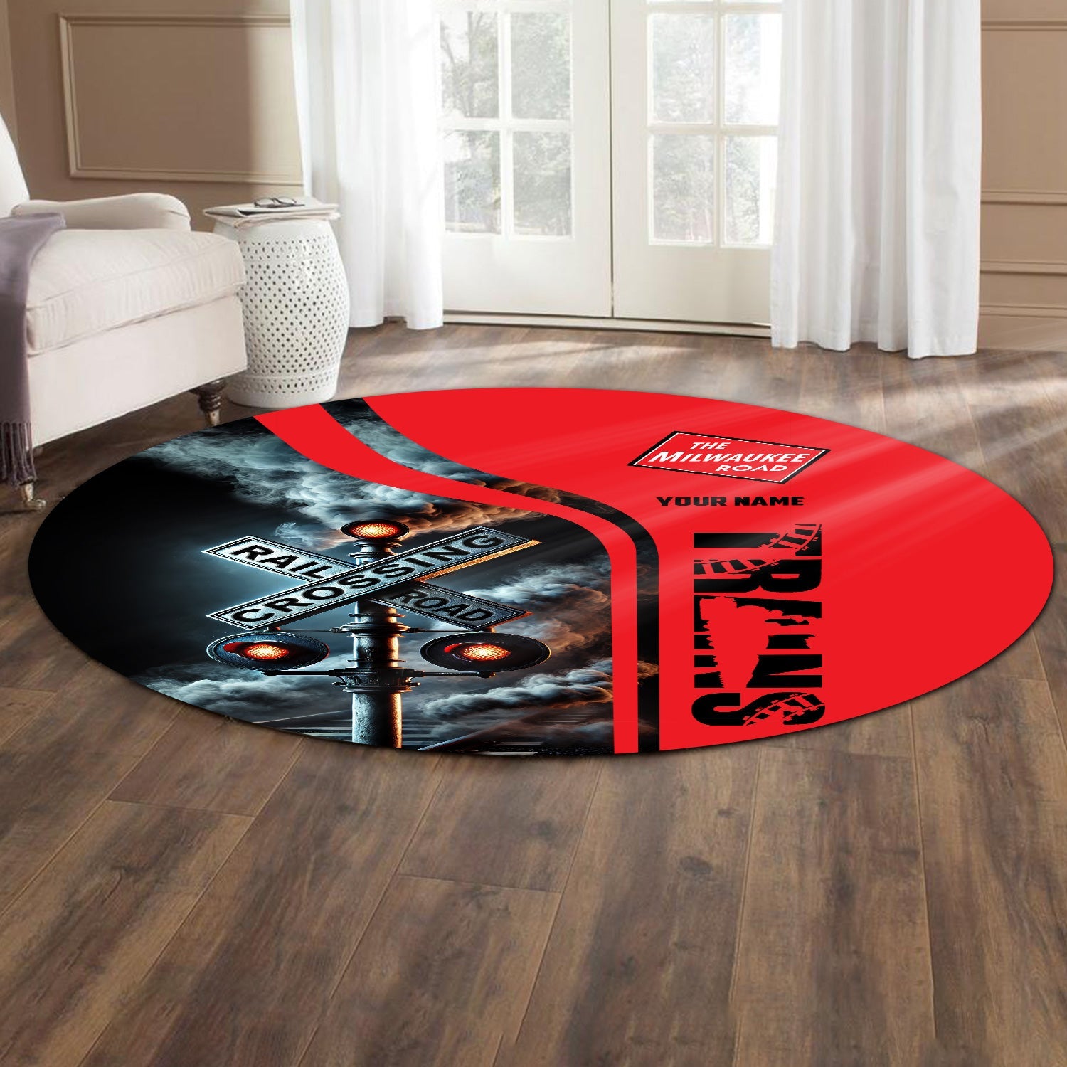 Railspirit Personalized Chicago, Milwaukee, St. Paul and Pacific Railroad Round Mat Railroad Crossing Sign Milwaukee Road Mat All Over Print