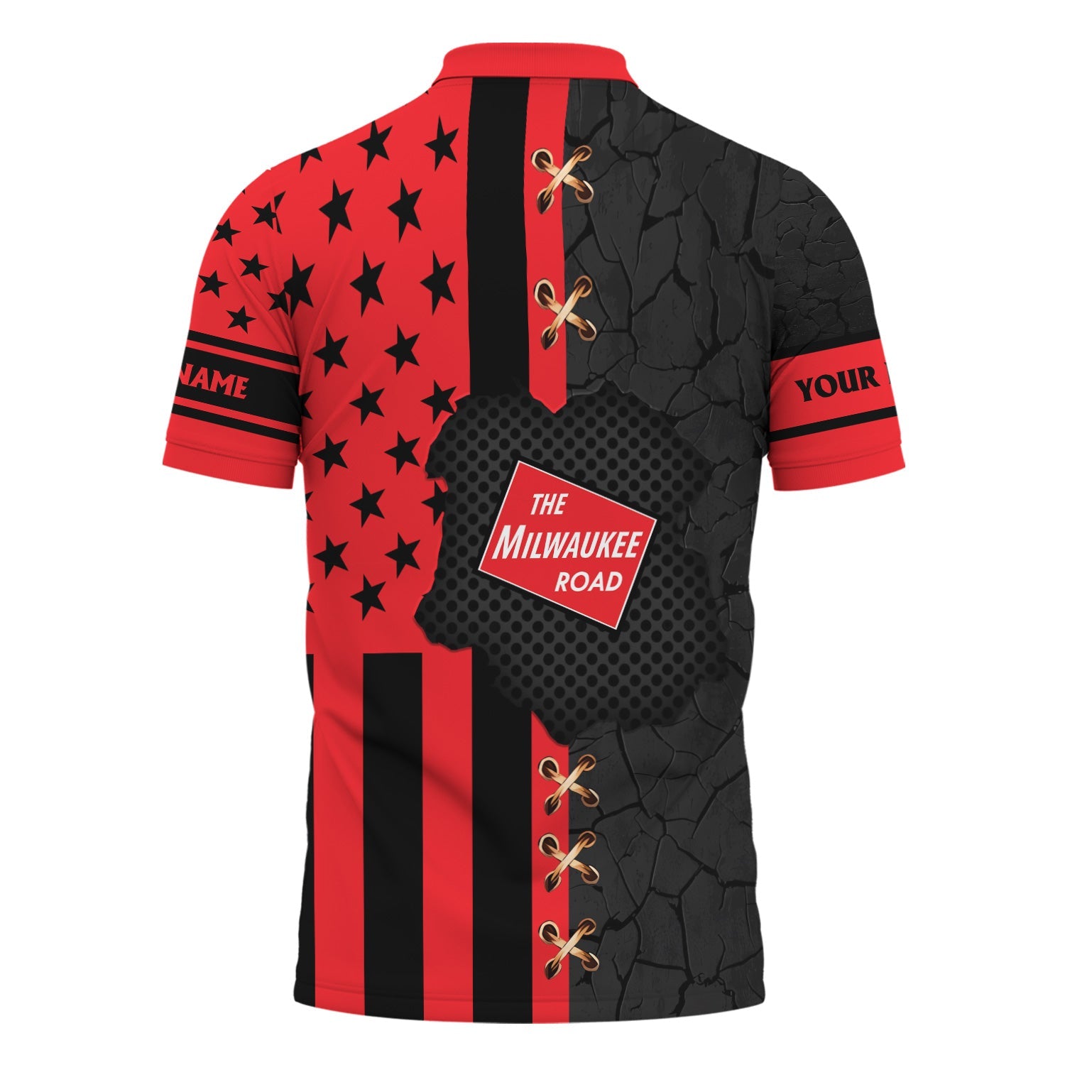 Railspirit Personalized Chicago, Milwaukee, St. Paul and Pacific Railroad Polo Shirt American Flag with Crack Effect Milwaukee Road Train Shirt