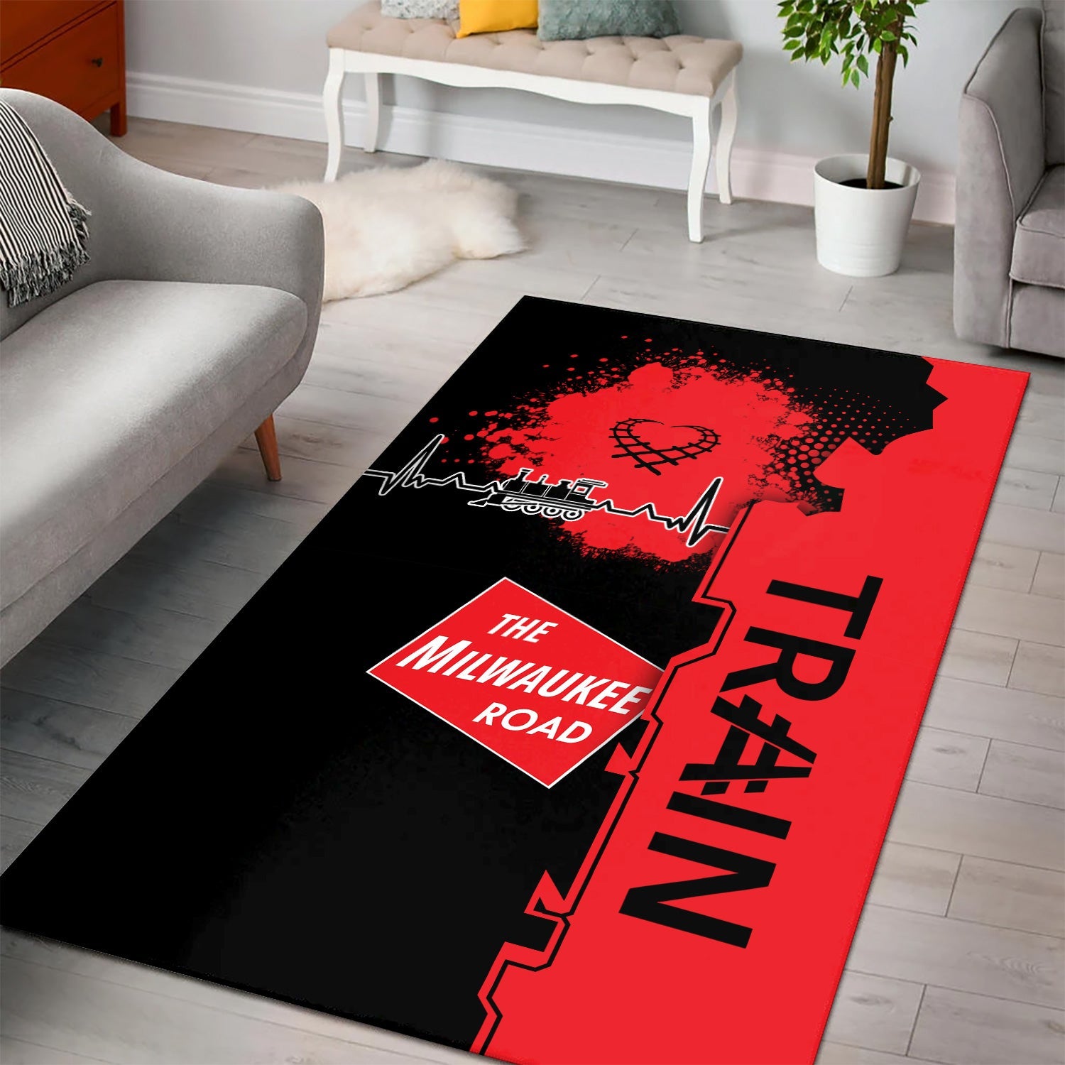 Railspirit Chicago, Milwaukee, St. Paul and Pacific Railroad Area Rug Engine Heartbeat and Track Love Style Milwaukee Road Rug Gift For Train Lovers