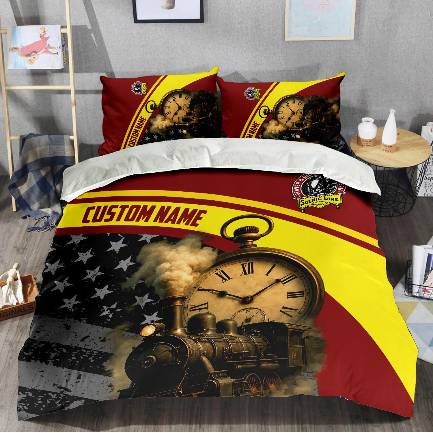 Railspirit Personalized Denver and Rio Grande Western Railroad Bedding Set Classic Steam Engine With Retro Pocket Watch Bedding Set All Over Print