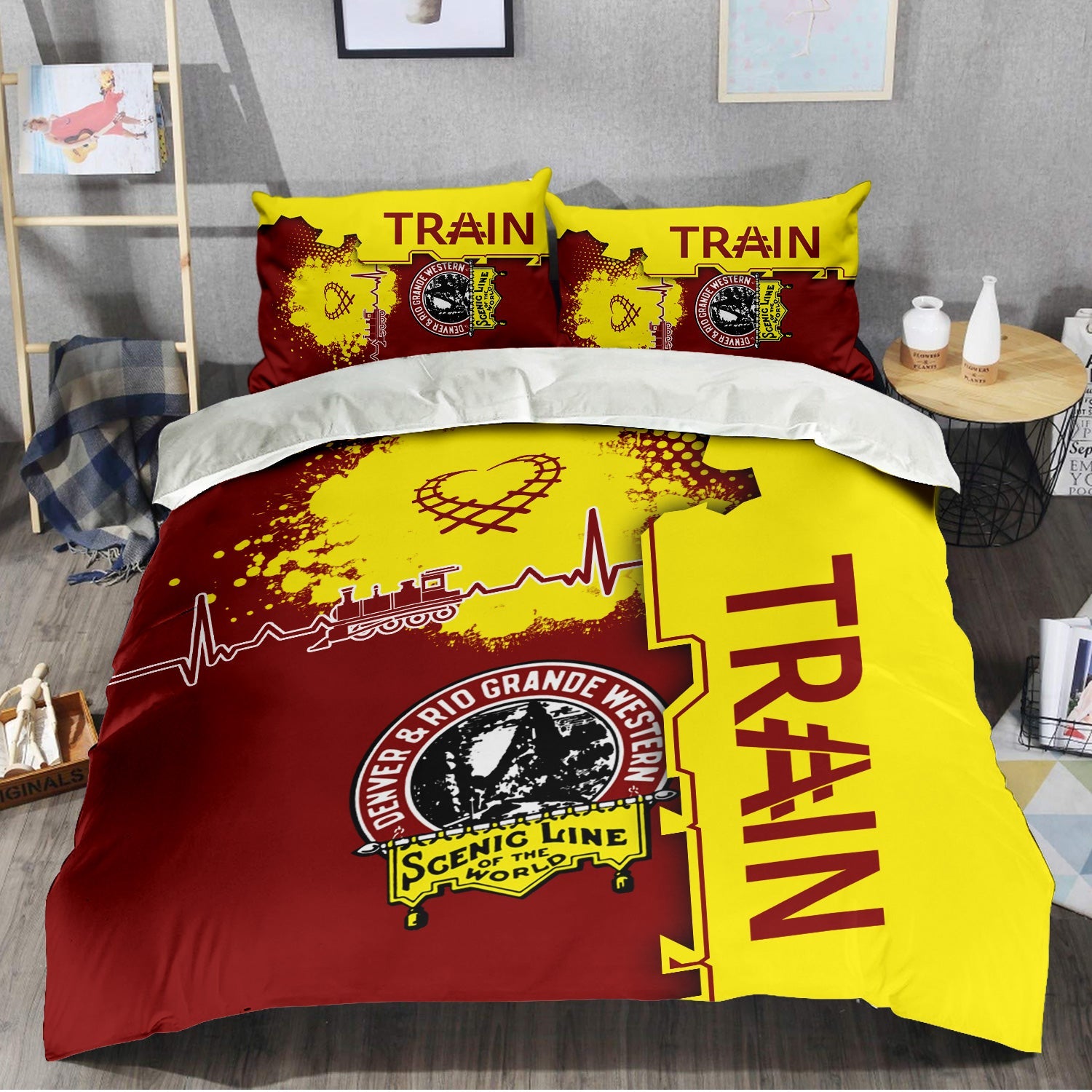 Railspirit Denver and Rio Grande Western Railroad Bedding Set Engine Heartbeat and Track Love Style Bedding Set Gift Idea For Train Lovers