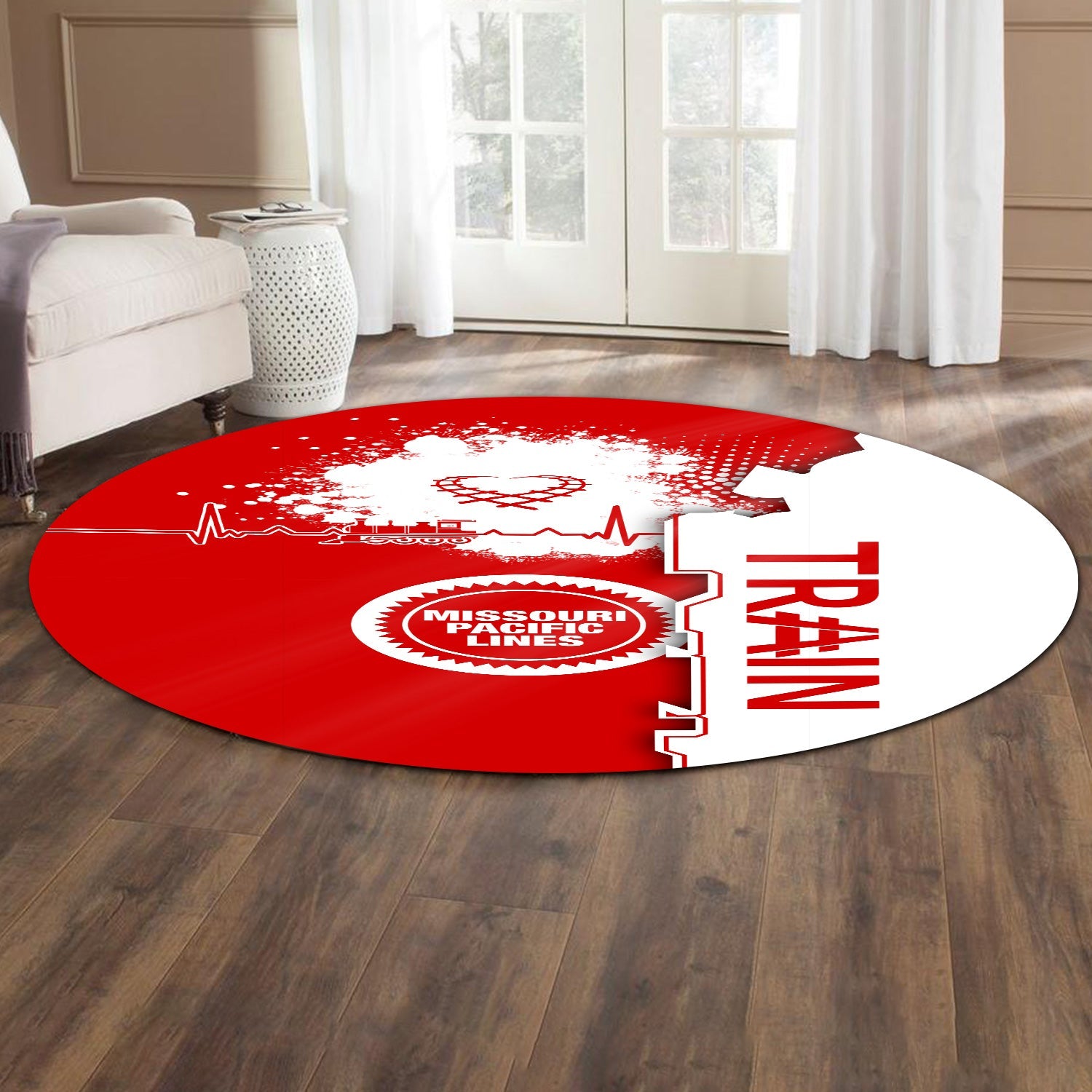 Railspirit Missouri Pacific Railroad Round Mat Engine Heartbeat and Track Love Style Mat Gift Idea For Train Lovers